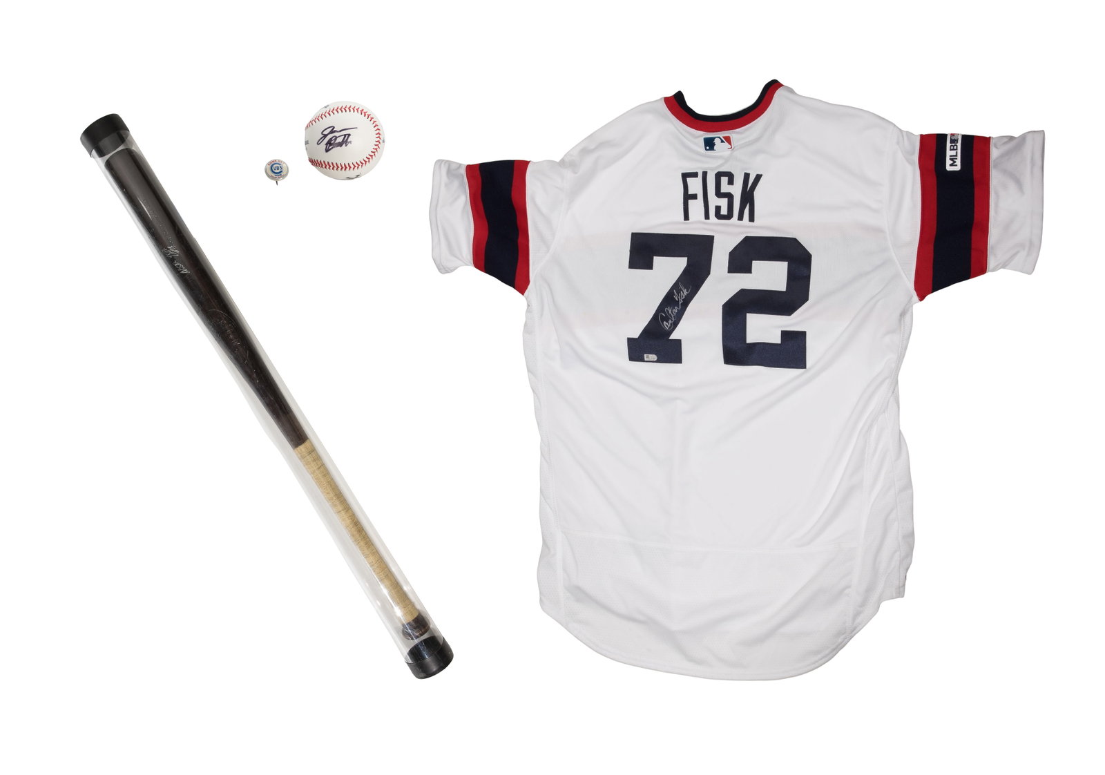 Carlton Fisk Boston Red Sox Autographed Bat and Jersey: Carlton Fisk Boston Red Sox Autographed Bat and Jersey (4) total items including the ink signed Louisville Slugger model #M110 stamped 'Fisk', having tape-wrapped handle, in plastic tube, an ink signe