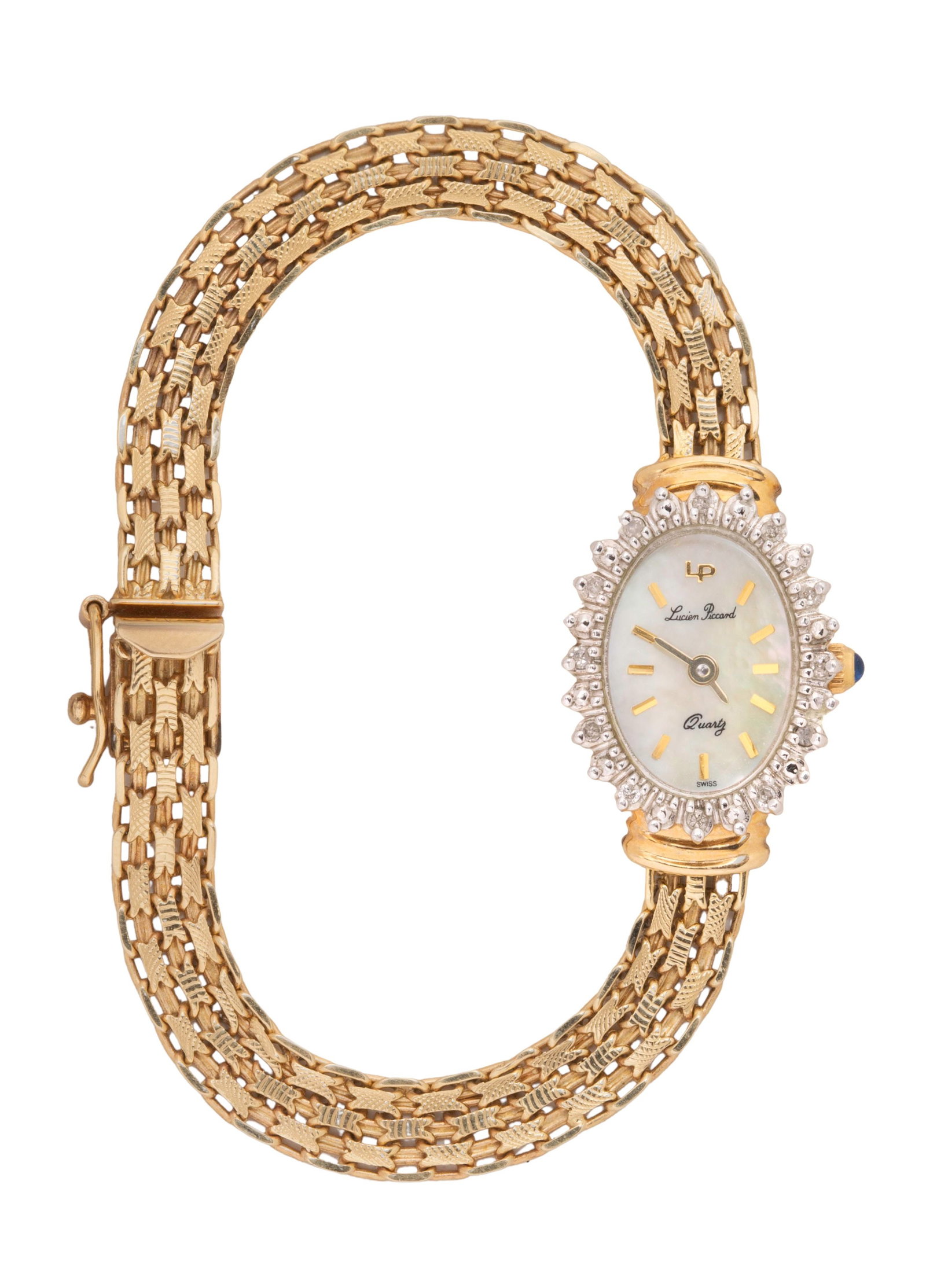 Lucien Piccard 14k Yellow Gold Case and Bracelet Wristwatch: Lucien Piccard 14k Yellow Gold Case and Bracelet Wristwatch A quartz movement, ref #23018, having a diamond accented bezel, a mother-of-pearl dial, gilt baton hours, gold-tone pencil hands and a mesh