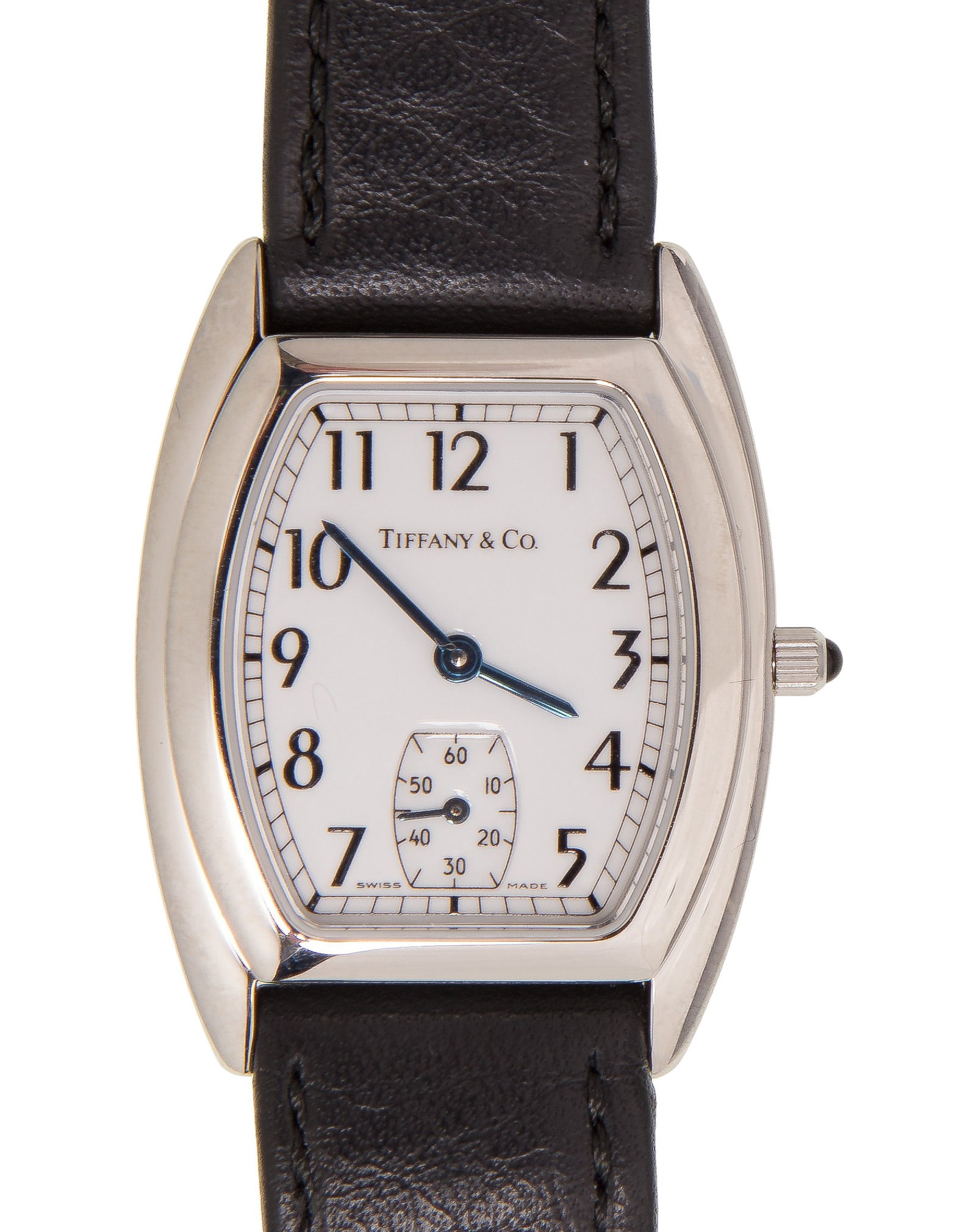 Tiffany & Co. Tonneau Wristwatch: Tiffany & Co. Tonneau Wristwatch Stainless steel, tonneau shape quartz wristwatch having a white enamel dial, black Arabic numerals, second hand sub-dial, stamped 'Tiffany & Co' on backside, original