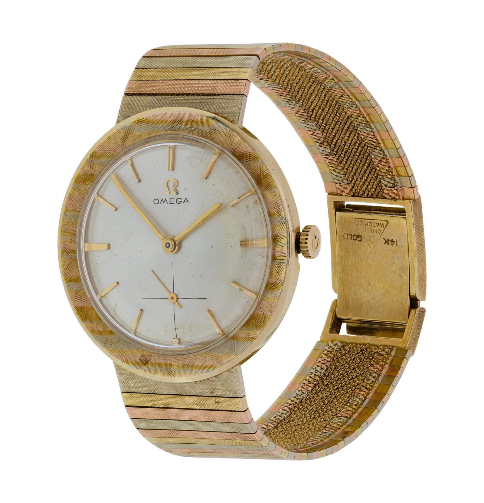 Omega 14k Tri-Color Gold Case and Bracelet Wristwatch: Omega 14k Tri-Color Gold Case and Bracelet Wristwatch c.1960, #18413386, ref #169583, 17-jewel movement, hand wind, champagne dial, gold-tone stick indices, gold-tone hands, sweep seconds sub-dial at