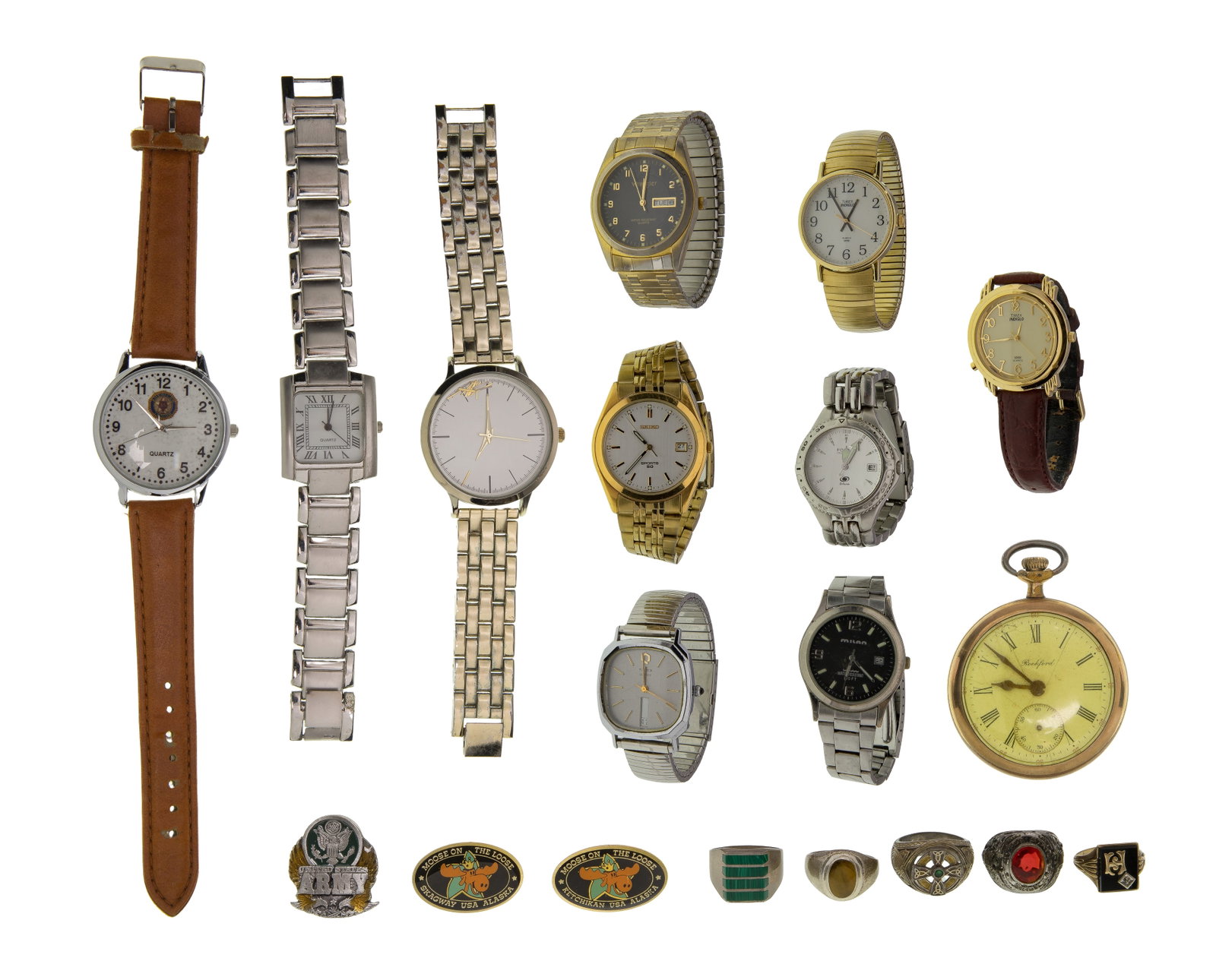 10k, Sterling Silver, Wristwatch and Pocket Watch Assortment: 10k, Sterling Silver, Wristwatch and Pocket Watch Assortment (15) total items including an initial 'H' on black onyx ring (marked '10k'), (3) rings including a turquoise, agate and Celtic cross
