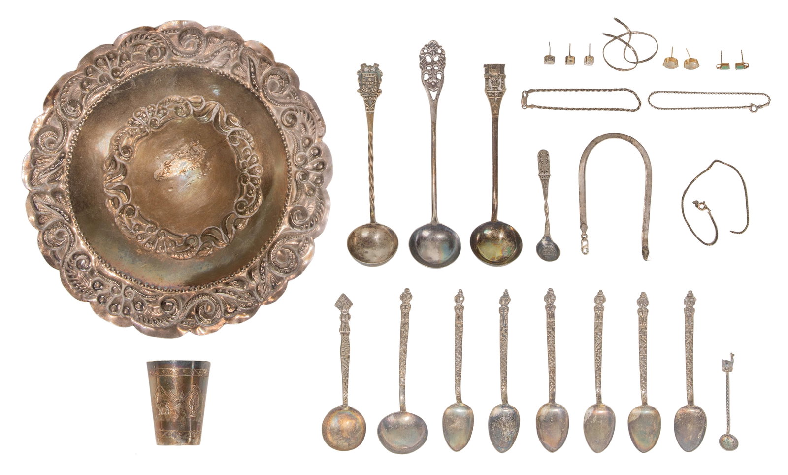 Gold, Silver and Costume Jewelry Assortment: Gold, Silver and Costume Jewelry Assortment Including a pair of rhinestone pierced earrings (marked '14k'), a pair of emerald cut emerald pierced earrings (marked '10k), silver items such as spoons,