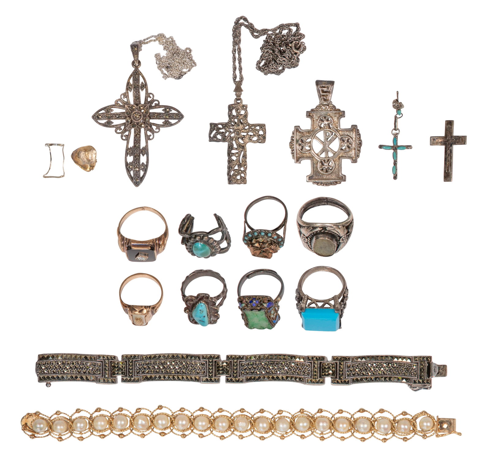 Gold, Silver and Costume Jewelry Assortment: Gold, Silver and Costume Jewelry Assortment Including a pearl and weave bracelet (marked '14k'), a class ring and an onyx signet style ring (both marked '10k'), necklaces, cross pendants, a bracelet a