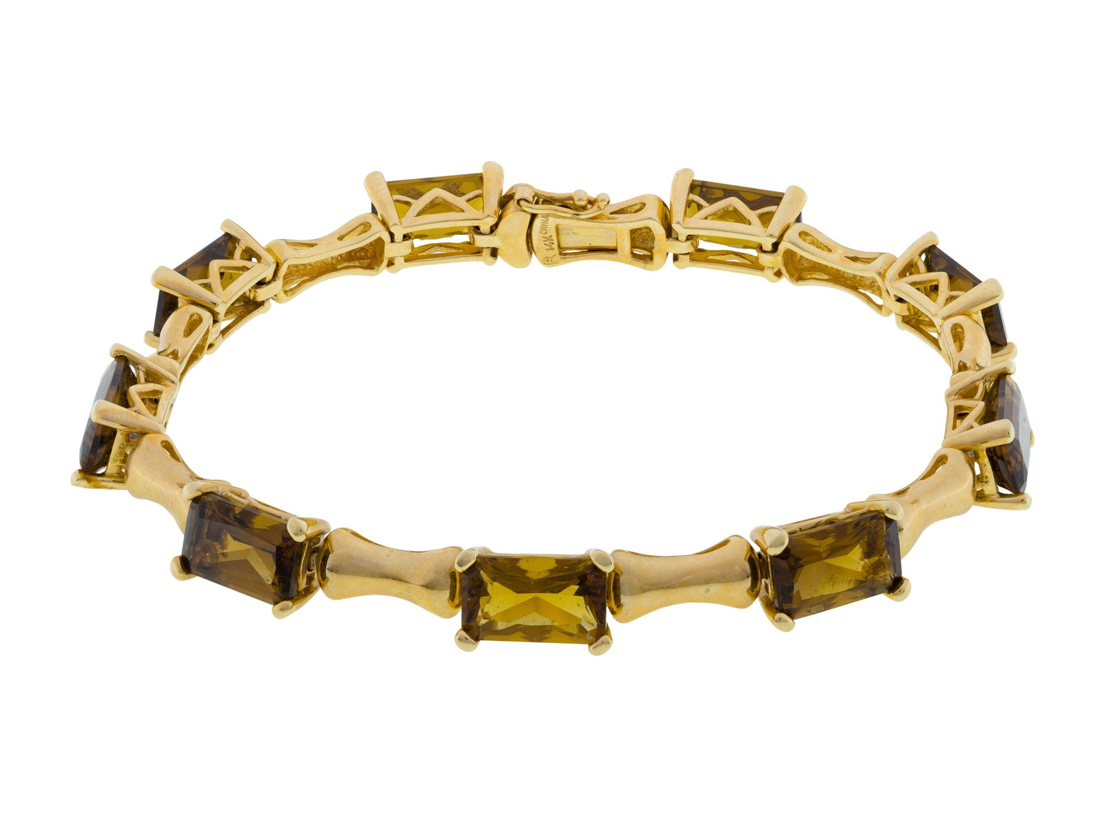 14k Yellow Gold and Smokey Quartz Bracelet: 14k Yellow Gold and Smokey Quartz Bracelet A 0.25-inch wide Colette link style having emerald cut gemstones (marked '14k') Property from: a Private Collector, Westmont, Illinois Length: 7 1/2 inches W