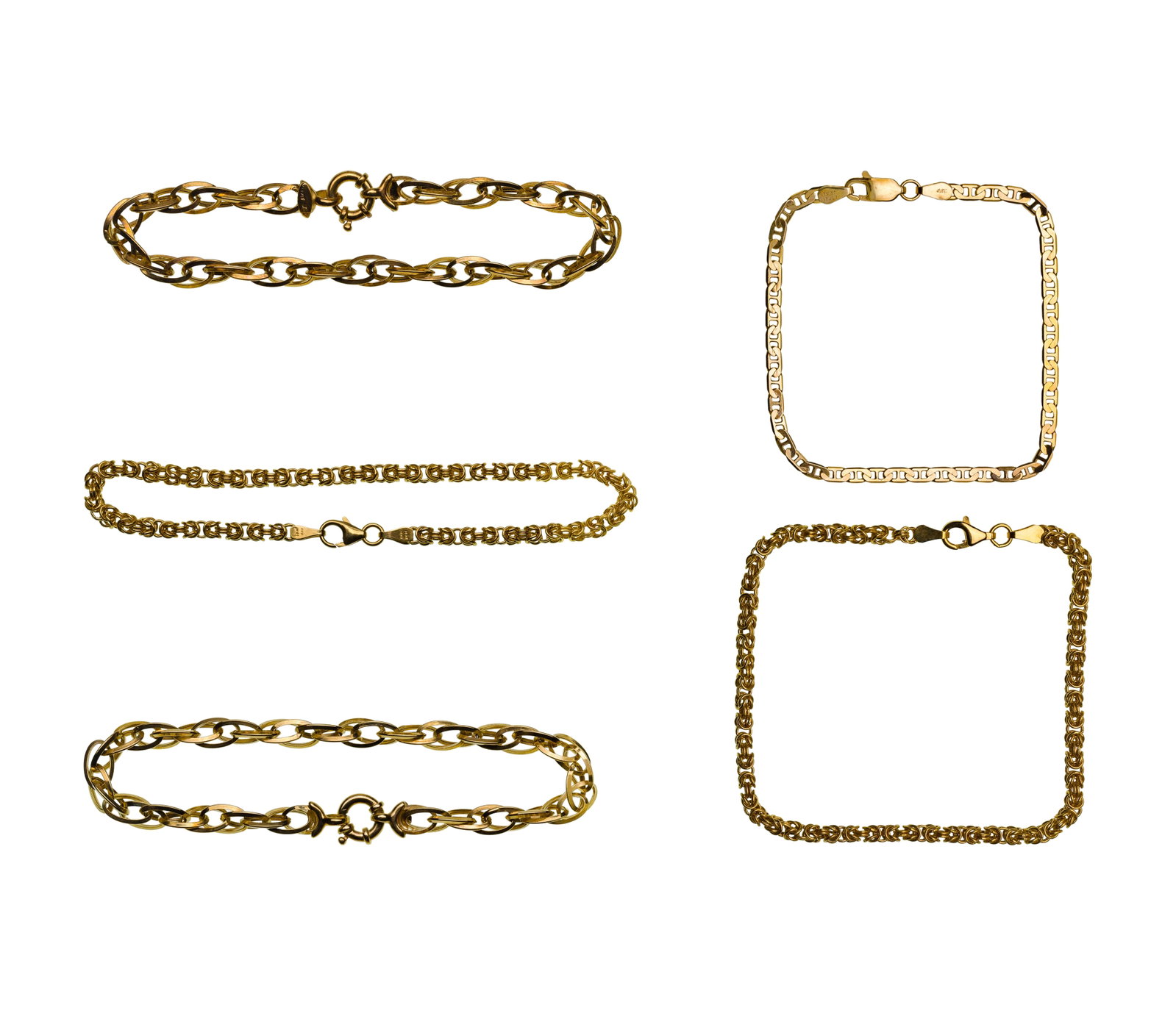 14k Yellow Gold Bracelet Assortment: 14k Yellow Gold Bracelet Assortment (5) approximately 0.125-inch wide items including (2) Byzantine style, (2) oval link style and a mariner link style (all marked '14k') Property from: a Private
