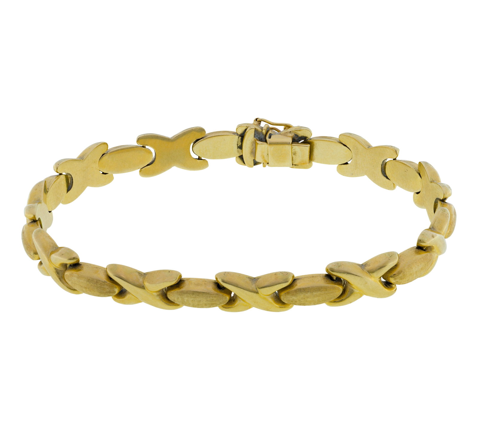 14k Yellow Gold Bracelet: 14k Yellow Gold Bracelet A 0.25-inch wide hugs-and-kisses link style (marked '14k') Property from: a Private Collector, Westmont, Illinois Length: 7 1/4 inches Weight: 14k gold: 6.91 dwts. (total)