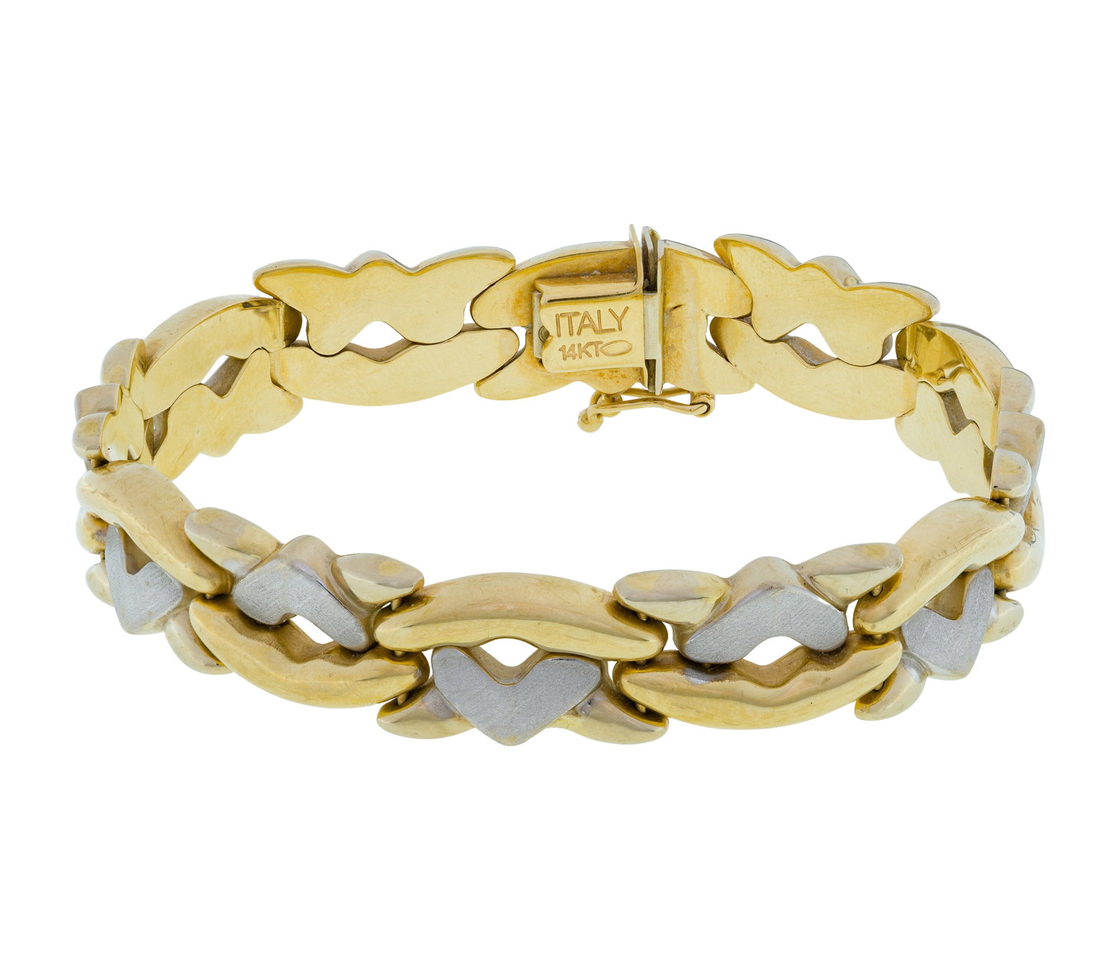 14k Yellow and White Gold Bracelet: 14k Yellow and White Gold Bracelet An articulated bi-color 0.5-inch wide link in a geometric design (marked '14k') Property from: a Private Collector, Westmont, Illinois Length: 7 inches Weight: 14k