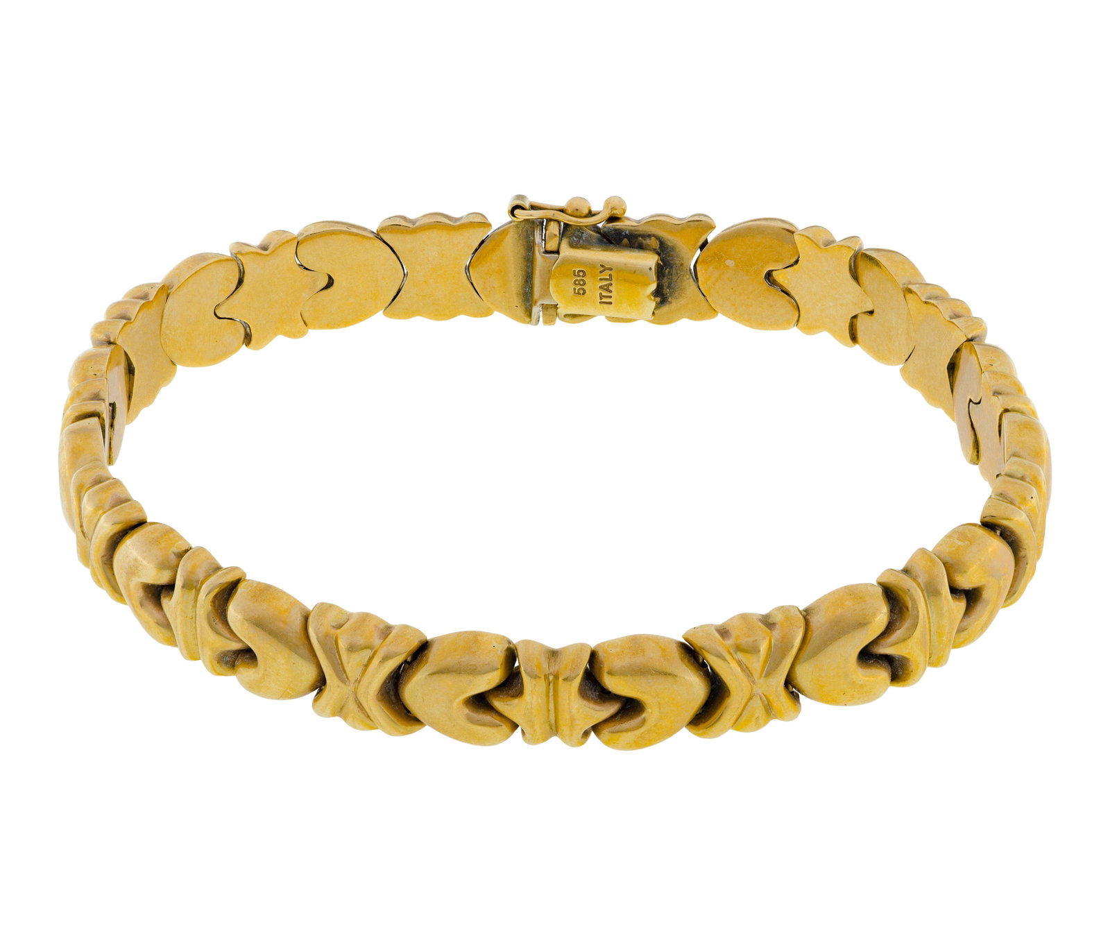 14k Yellow Gold Bracelet: 14k Yellow Gold Bracelet An articulated 0.25-inch wide star, X and heart link (marked '14k') Property from: a Private Collector, Westmont, Illinois Length: 7 1/4 inches Weight: 14k gold: 10.67 dwts.