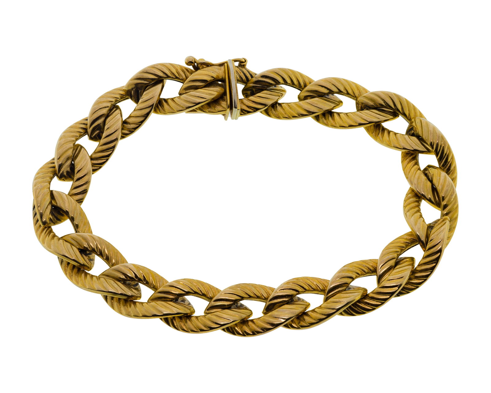 14k Yellow Gold Bracelet: 14k Yellow Gold Bracelet A 0.375-inch wide textured curb link style (marked '14k') Property from: a Private Collector, Westmont, Illinois Length: 6 3/4 inches Weight: 14k gold: 9.26 dwts. (total)