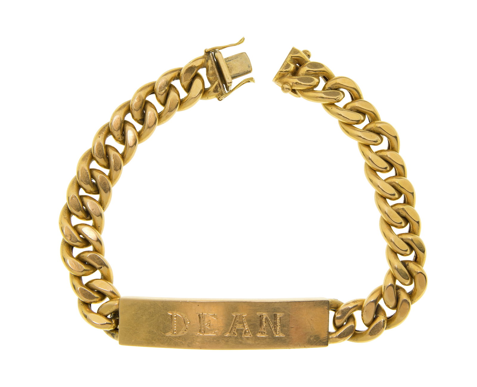 18k Yellow Gold Identification Bracelet: 18k Yellow Gold Identification Bracelet A 0.25-inch wide Cuban link bracelet having a center plaque engraved 'Dean' (marked '750' on back of clasp) Property from: an Estate, Wilmette, Illinois Length: