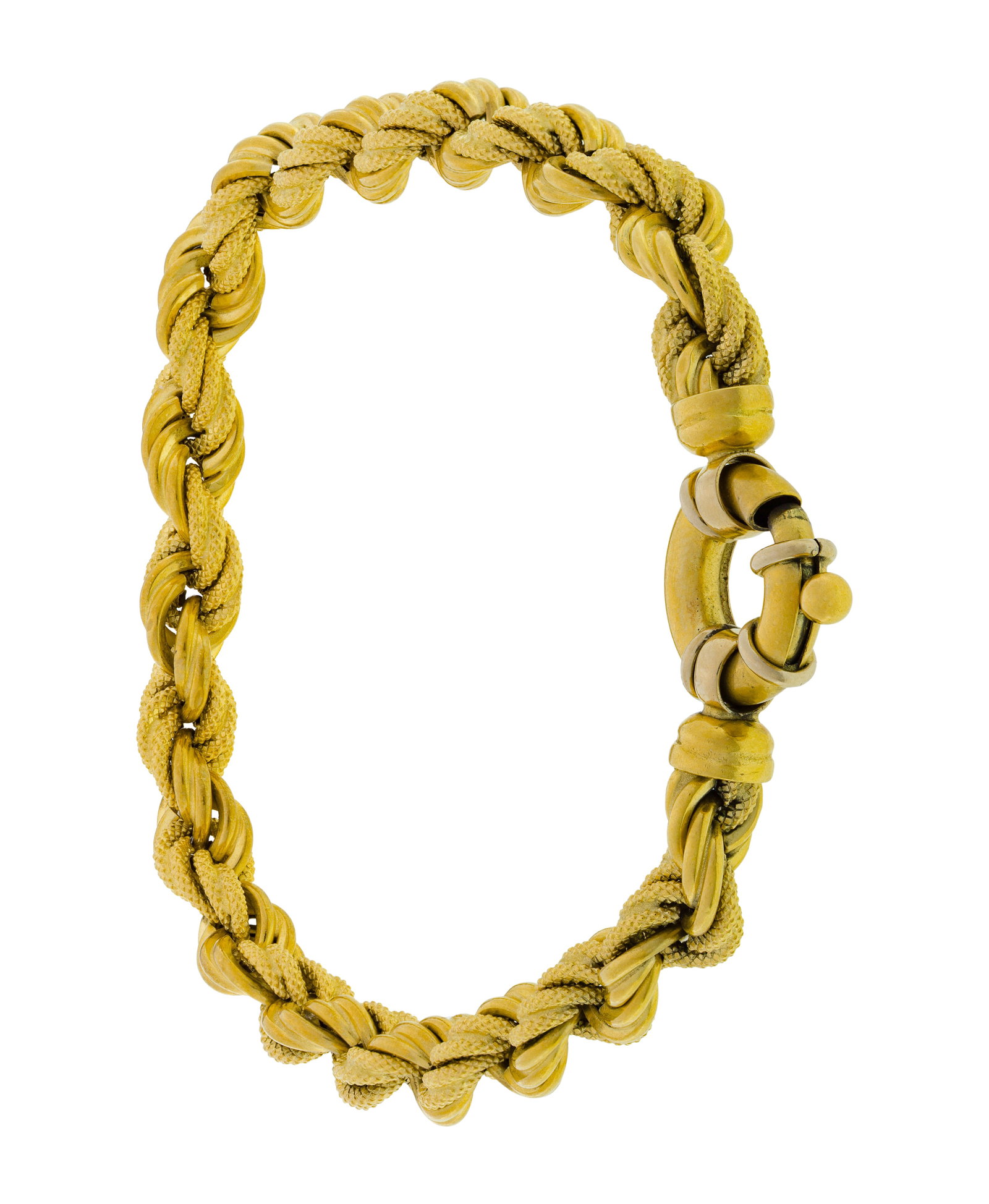 18k Yellow Gold Twisted Rope Bracelet: 18k Yellow Gold Twisted Rope Bracelet A 0.25-inch wide having a spring ring clasp (marked '18k') Property from: a Private Collector, Westmont, Illinois Length: 8 inches Weight: 18k gold: 9.67 dwts.