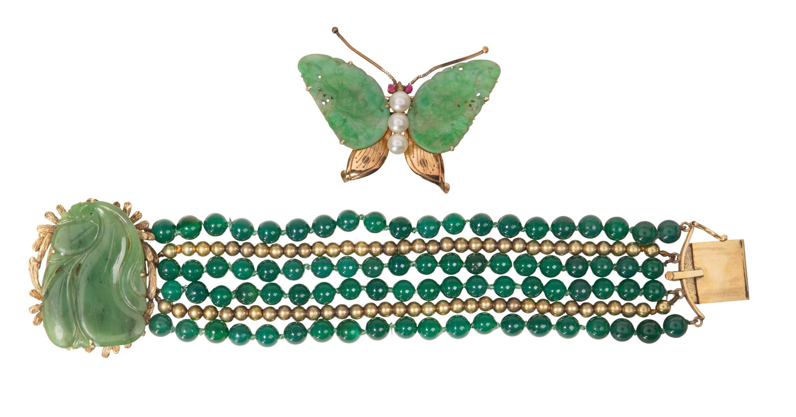 14k Yellow Gold Jewelry Assortment: 14k Yellow Gold Jewelry Assortment (14) items including a jadeite jade and gold bead six-strand bracelet having a carved clasp, a butterfly pin having jadeite jade wings and ruby eyes, a carnelian bea