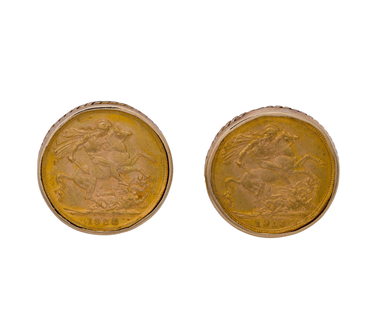 Gold Sovereign Coin in 14k Yellow Gold Cufflink Settings: Gold Sovereign Coin in 14k Yellow Gold Cufflink Settings A pair, having sovereigns, including a 1918 and a 1922, in settings (marked '14k'), mounted St. George facing out Property from: an Estate, Wil