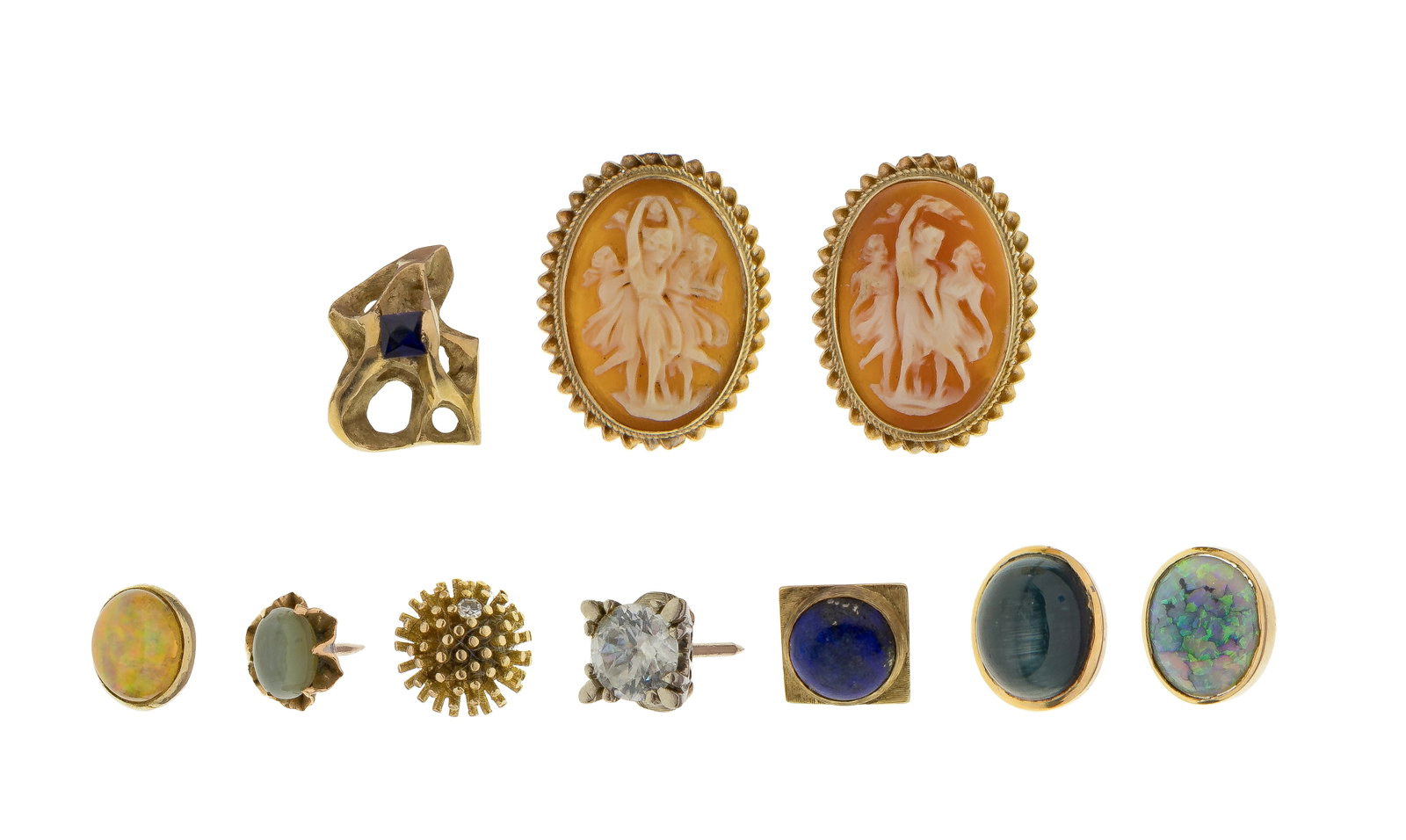14k Yellow and White Gold Jewelry Assortment: 14k Yellow and White Gold Jewelry Assortment (9) items including a pair of cameo pierced earrings and (8) tie tacks of various shapes, sizes and stones such as topaz, opal, sapphire (most marked '14k'