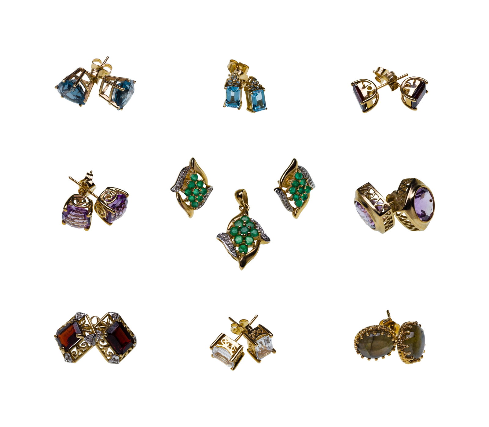 10k Yellow Gold and Gemstone Earring Assortment: 10k Yellow Gold and Gemstone Earring Assortment (10) items including (9) pairs of pierced earrings having gemstones such as topaz, garnet, emerald and amethyst as well as an emerald and diamond