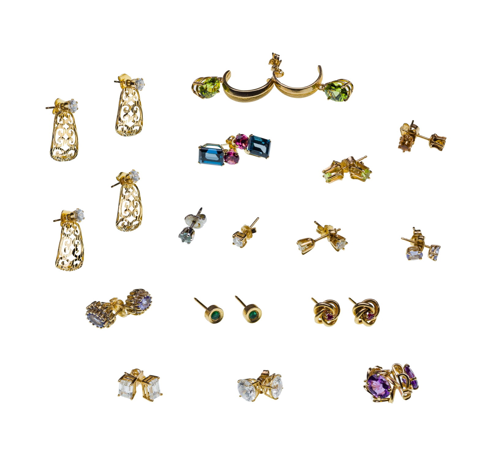 14k Gold and Gemstone Pierced Earring Assortment: 14k Gold and Gemstone Pierced Earring Assortment (16) items including (14) pairs of pierced earrings of various shapes, sizes and stones such as quartz, amethyst, peridot and citrine as well as (2) si