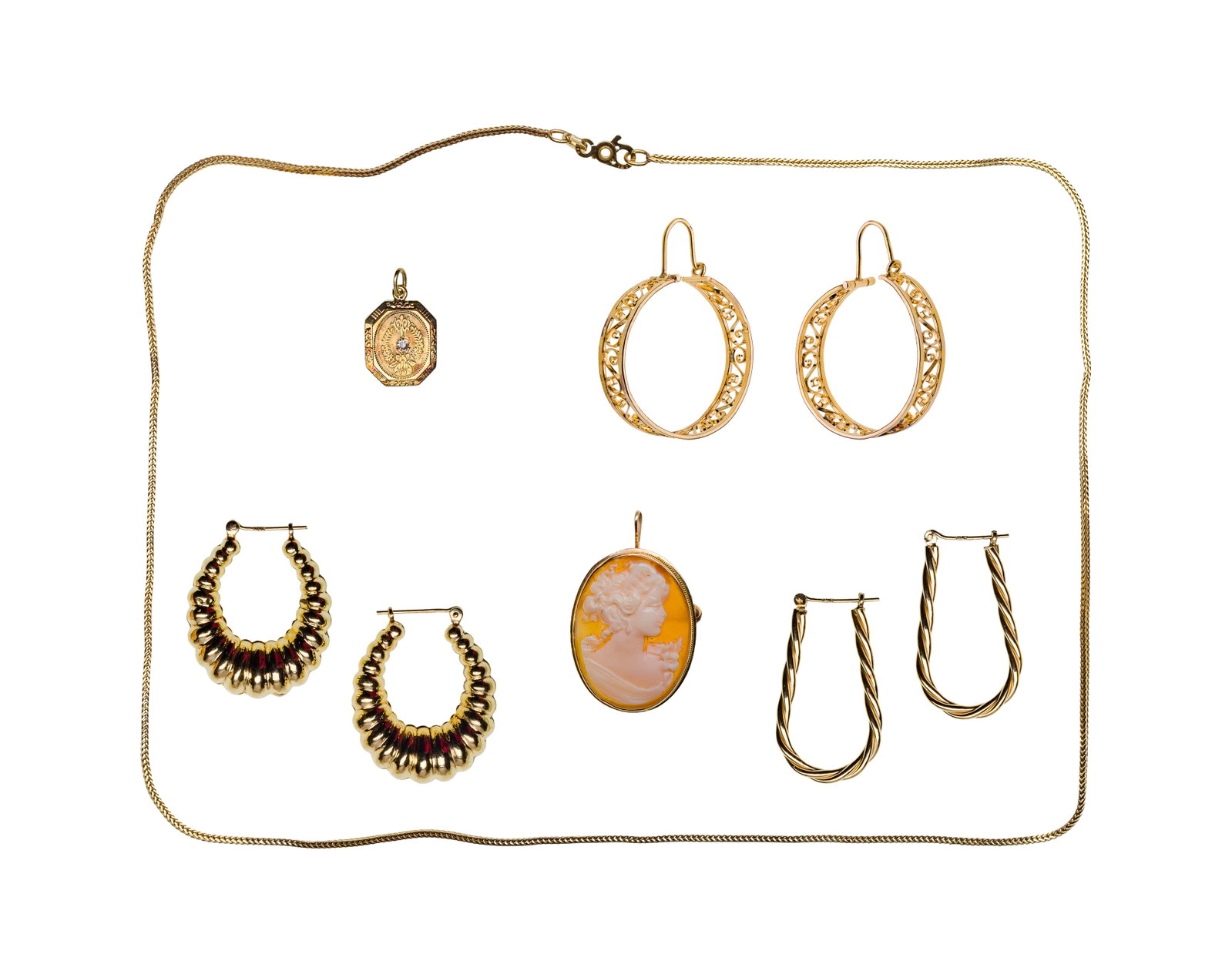 14k Yellow Gold Jewelry Assortment: 14k Yellow Gold Jewelry Assortment (6) items including a herringbone necklace, (3) pairs of pierced earrings, a semi-precious gemstone pendant and a carved shell cameo pendant / pin (most marked '14k'
