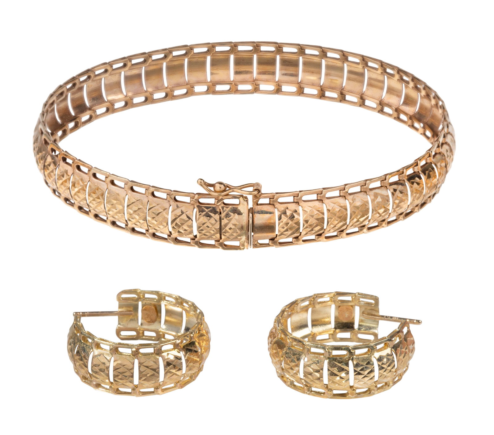 14k Yellow Gold Earrings and Bracelet: 14k Yellow Gold Earrings and Bracelet (2) items including a flexible 0.375-inch wide waffle panel bracelet and a matching pair of hoop style pierced earrings (all marked '14k') Property from: a Privat