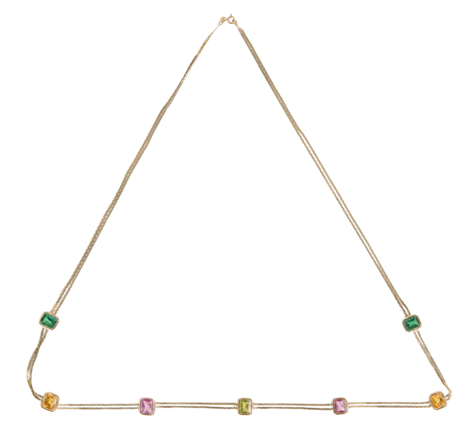 14k Yellow Gold Necklace: 14k Yellow Gold Necklace A station style necklace having multi-color square gemstones including topaz and sapphires, set on a double strand link necklace (marked '14k') Property from: an Estate, Highl