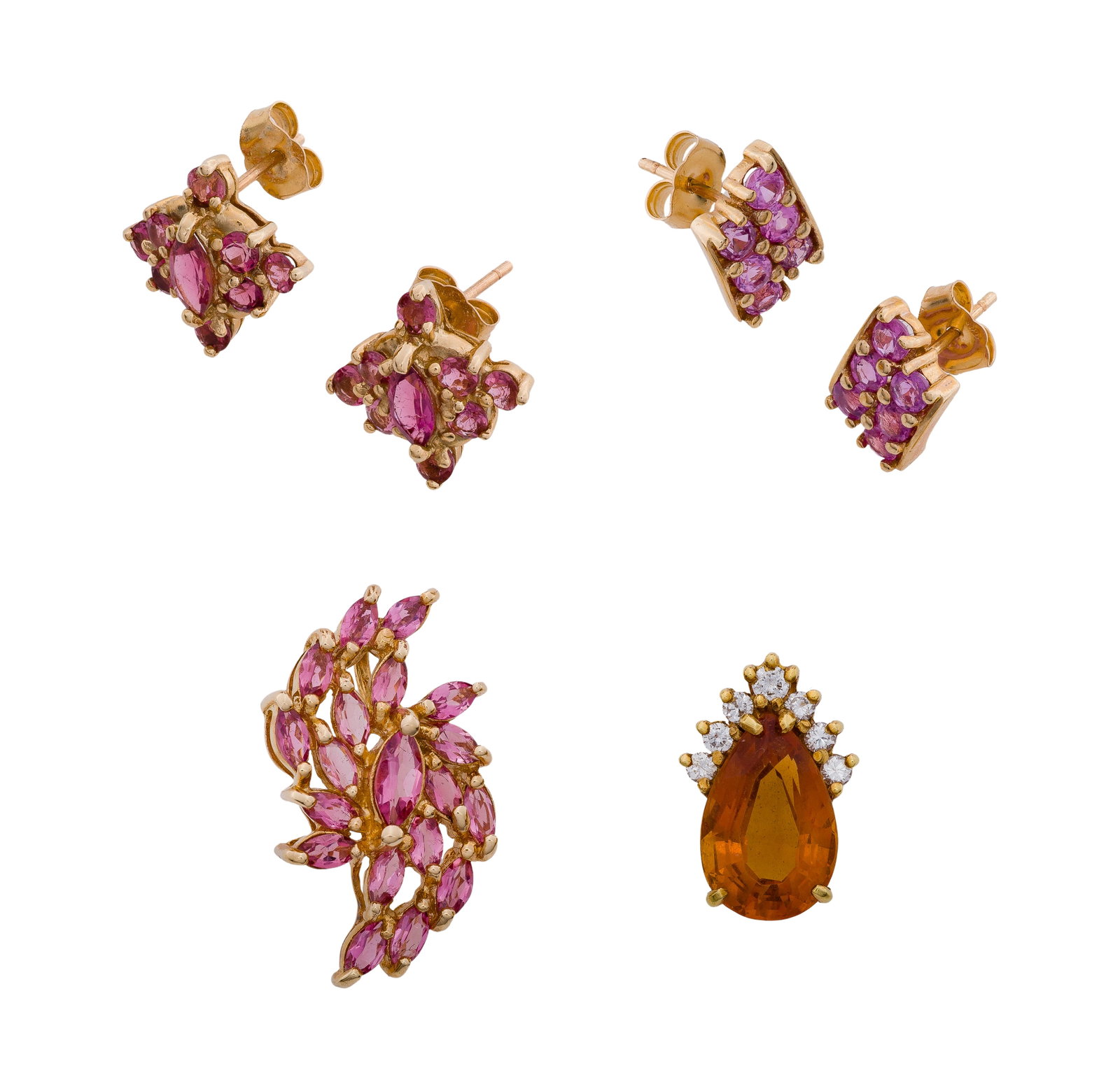18k and 14k Yellow Gold and Gemstone Jewelry Assortment: 18k and 14k Yellow Gold and Gemstone Jewelry Assortment (4) items including a teardrop cut citrine and diamond slide style pendant (unmarked 18k), an amethyst cluster slide style pendant and (2) pairs