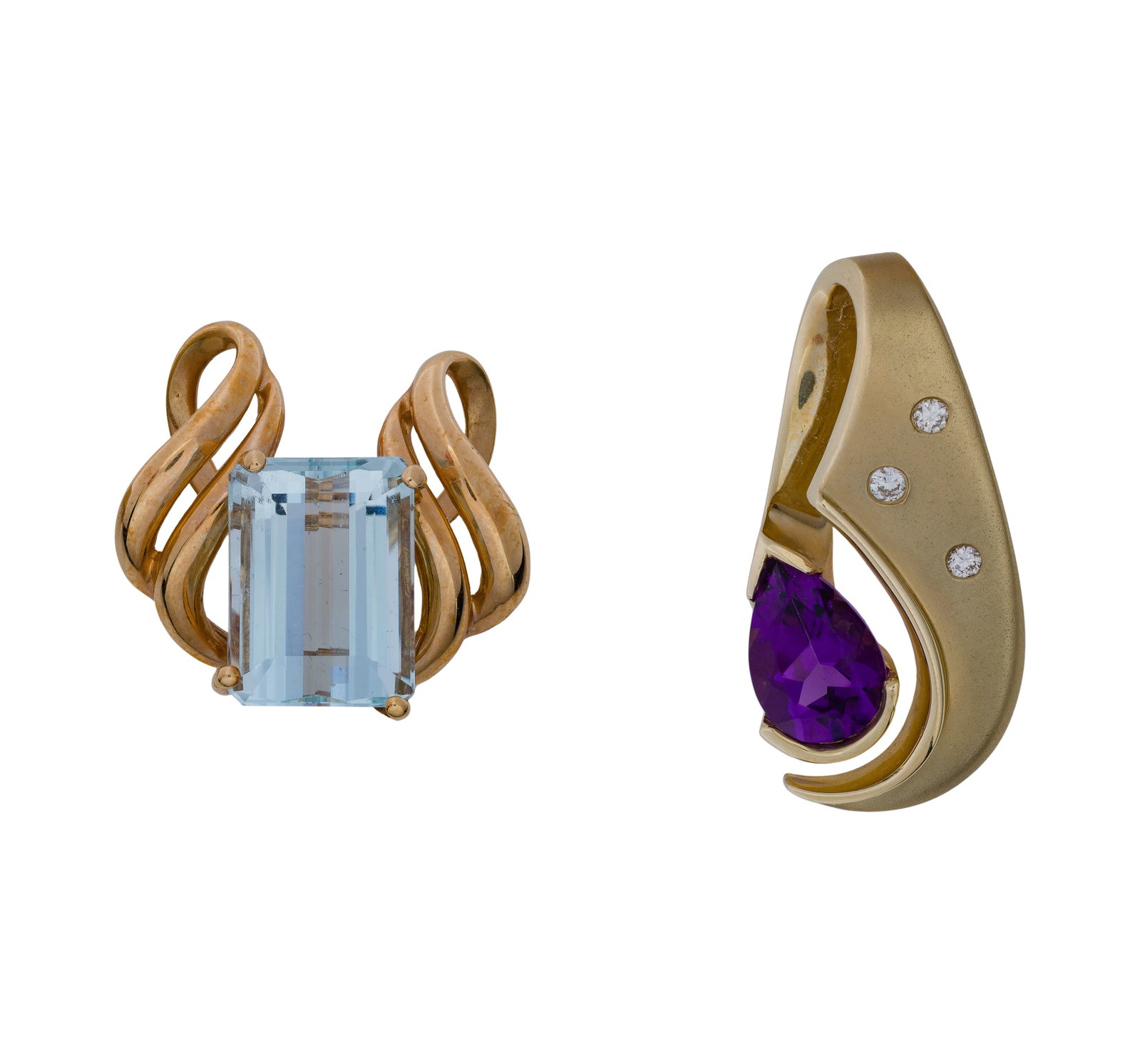 14k Yellow Gold and Gemstone Slide Pendants: 14k Yellow Gold and Gemstone Slide Pendants (2) items including a pear cut amethyst and an emerald cut aquamarine (marked '14k') Property from: a Private Collector, Westmont, Illinois Length: 1 1/2 in