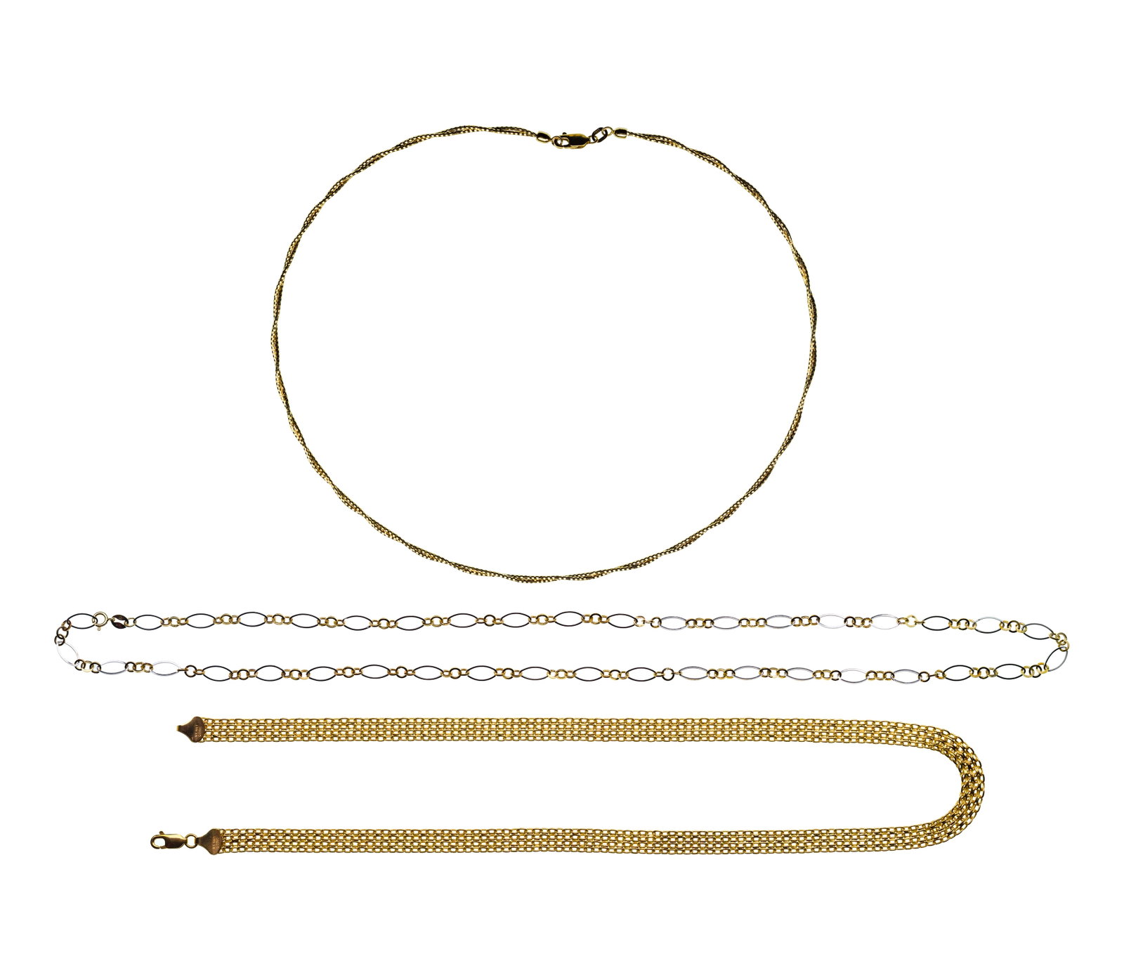 14k Yellow Gold Necklace Assortment: 14k Yellow Gold Necklace Assortment (3) items including an approximately 0.25-inch mesh style choker, an approximately 0.125-inch oval link style and a twisted box link style (all marked '14k') Proper