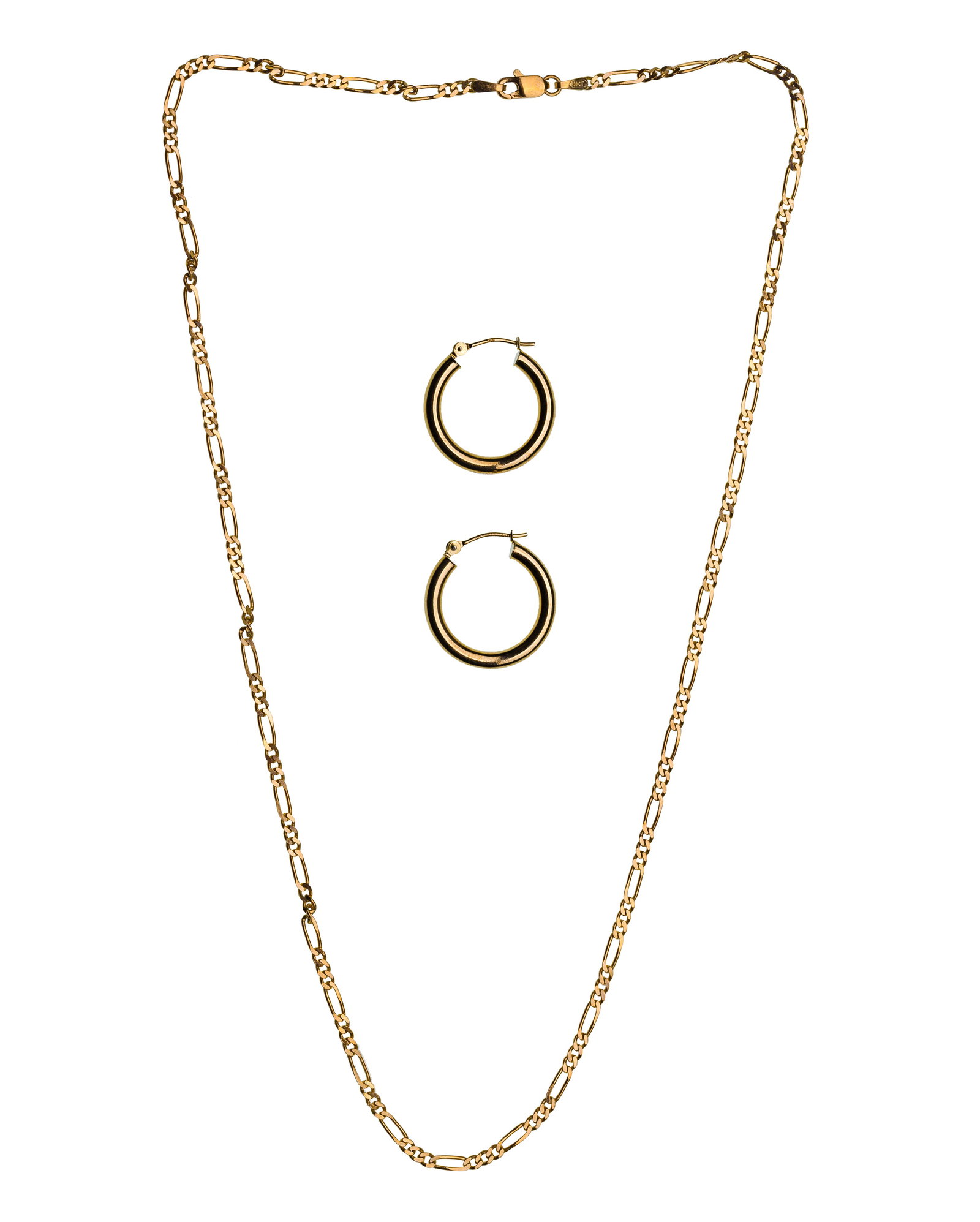18k Yellow Gold Necklace and Earrings: 18k Yellow Gold Necklace and Earrings (2) items including a Figaro link style necklace and a pair of hoop style pierced earrings (marked '750' / '18k') Property from: a Private Collector, Westmont, Il
