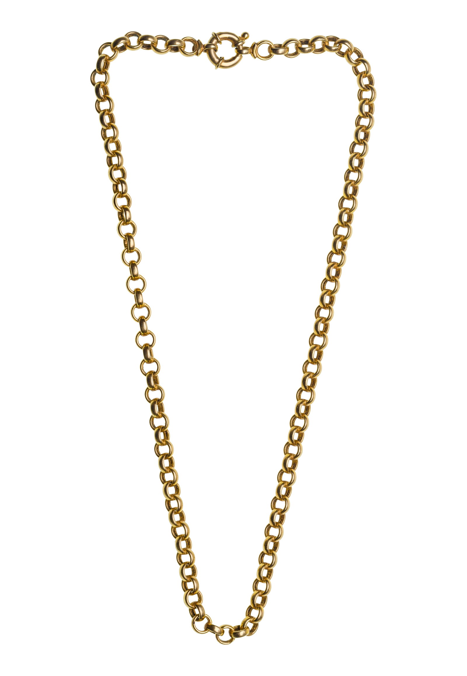 14k Yellow Gold Necklace: 14k Yellow Gold Necklace A 0.125-inch wide rolo link style having a round spring clasp (marked '14k') Property from: a Private Collector, Westmont, Illinois Length: 18 inches Weight: 14k gold: 11.05 d