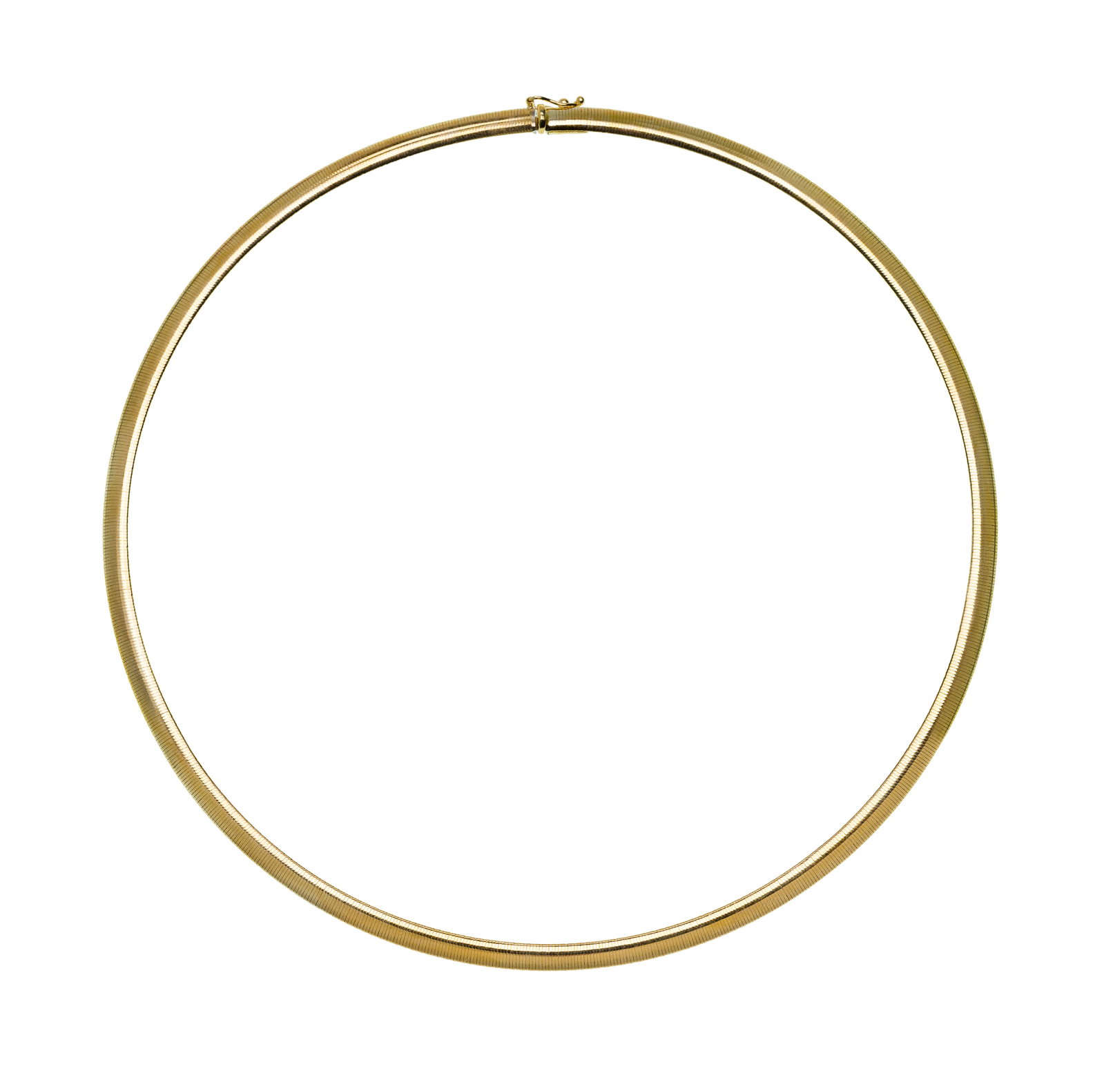14k Yellow Gold Omega Necklace: 14k Yellow Gold Omega Necklace A 0.125-inch wide flexible style (marked '14k') Property from: a Private Collector, Westmont, Illinois Length: 16 inches Weight: 14k gold: 8.84 dwts. (total) Condition: