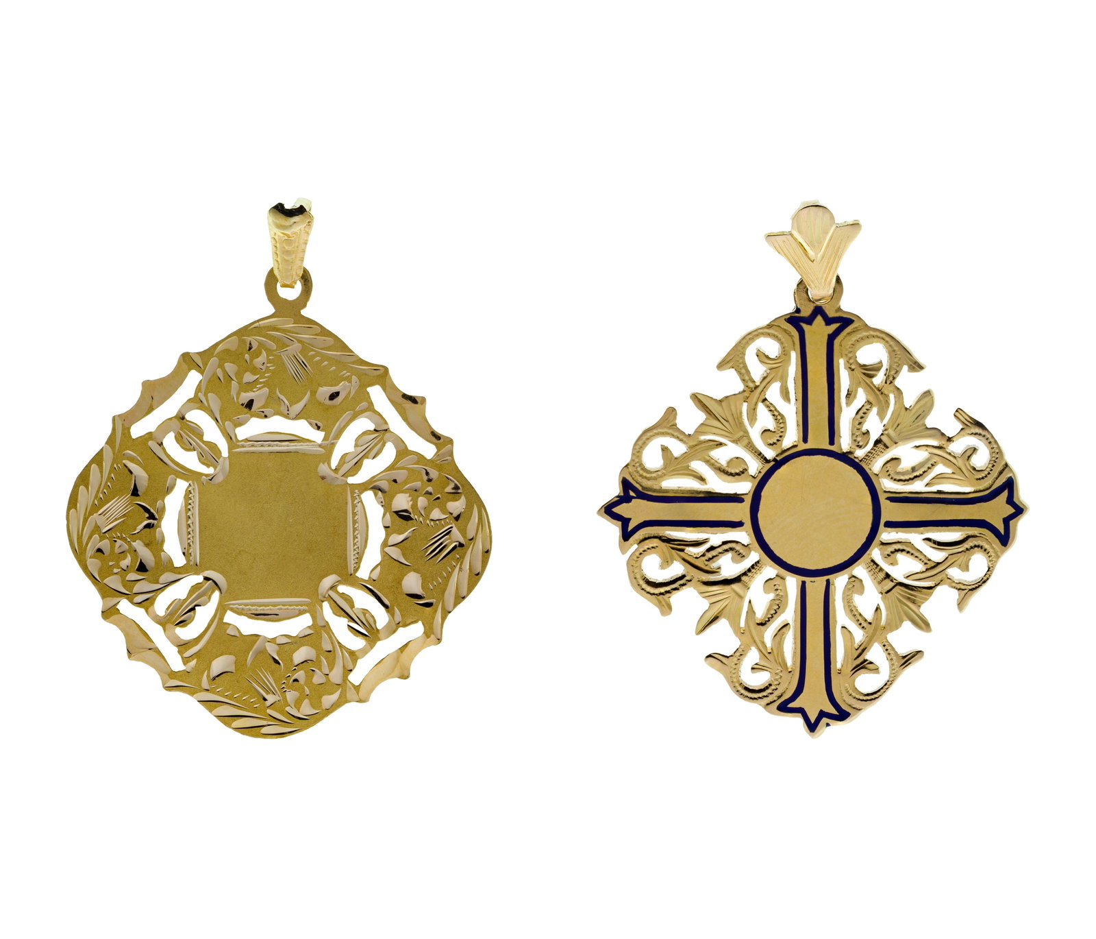 18k Yellow Gold Pendants: 18k Yellow Gold Pendants (2) items including a filigree cross having blue enamel accent and an etched pierced style (one marked 'K18', other unmarked) Property from: an Estate, Wilmette, Illinois
