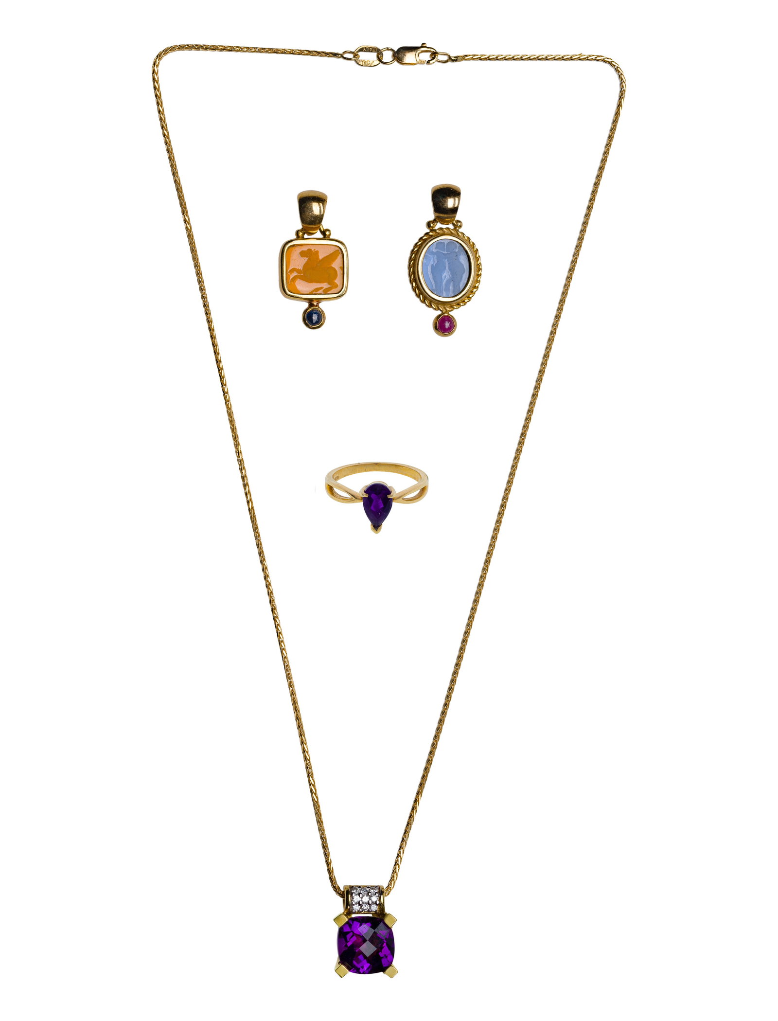 18k and 14k Yellow Gold Jewelry Assortment: 18k and 14k Yellow Gold Jewelry Assortment (4) items including (2) pendants having intaglio glass and a purple pillow cut spinel pendant on a necklace (marked '18k') as well as a ring having a pear cu