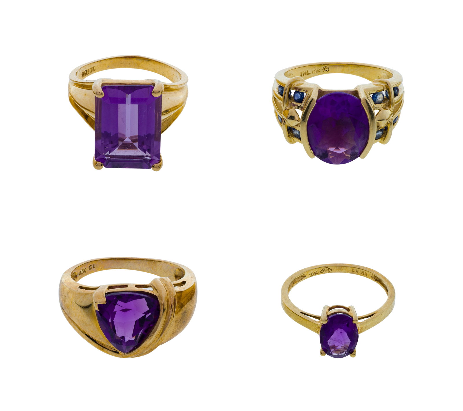 10k Yellow Gold and Purple Spinel Ring Assortment: 10k Yellow Gold and Purple Spinel Ring Assortment (4) items having various cuts of spinel (all marked '10k') Property from: a Private Collector, Westmont, Illinois Size: 7 (trillion), 6 (oval,