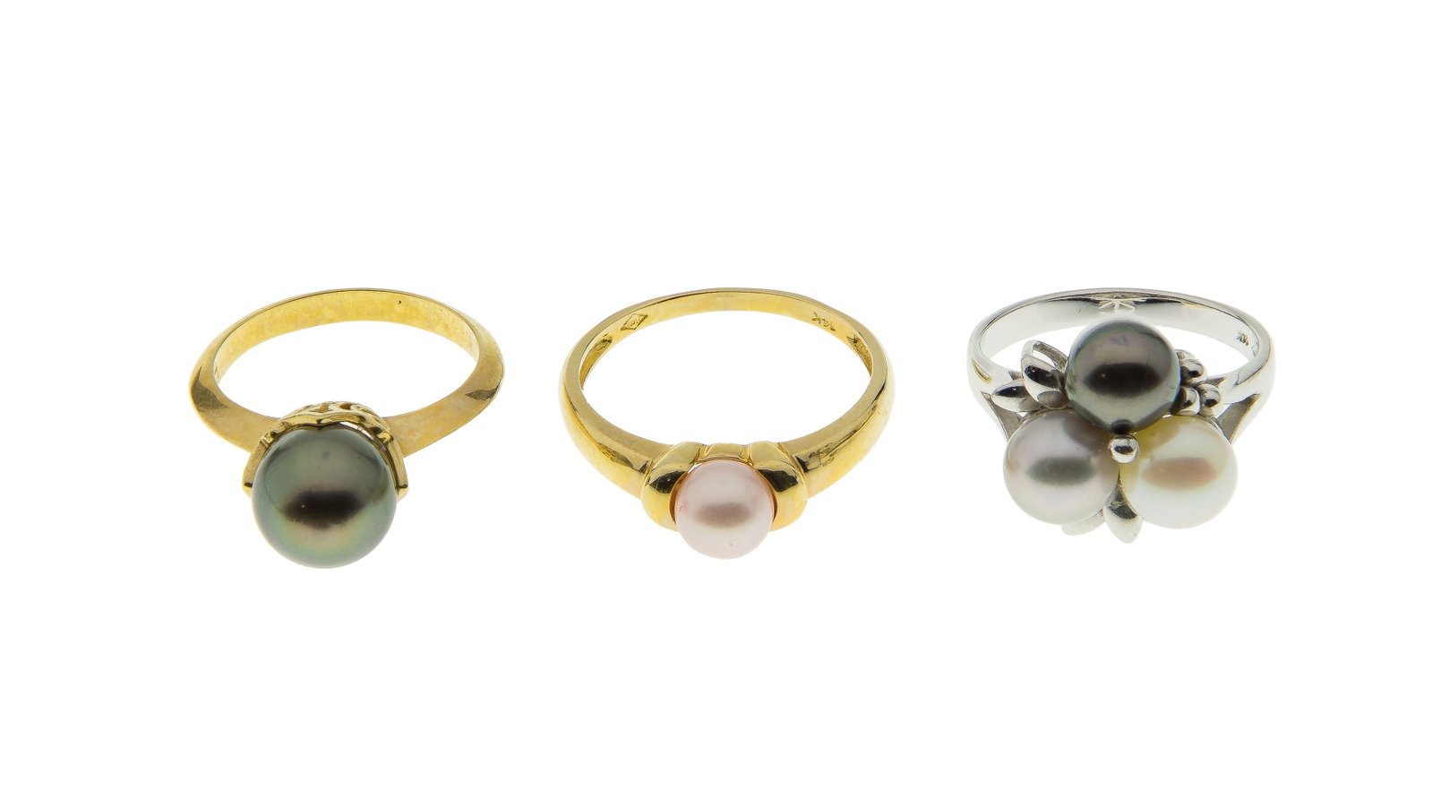 14k Yellow / White Gold and Pearl Ring Assortment: 14k Yellow / White Gold and Pearl Ring Assortment (3) items including an approximately 8.5mm grey pearl in a solitaire setting, an approximately 7mm three pearl and an approximately 6mm pink pearl