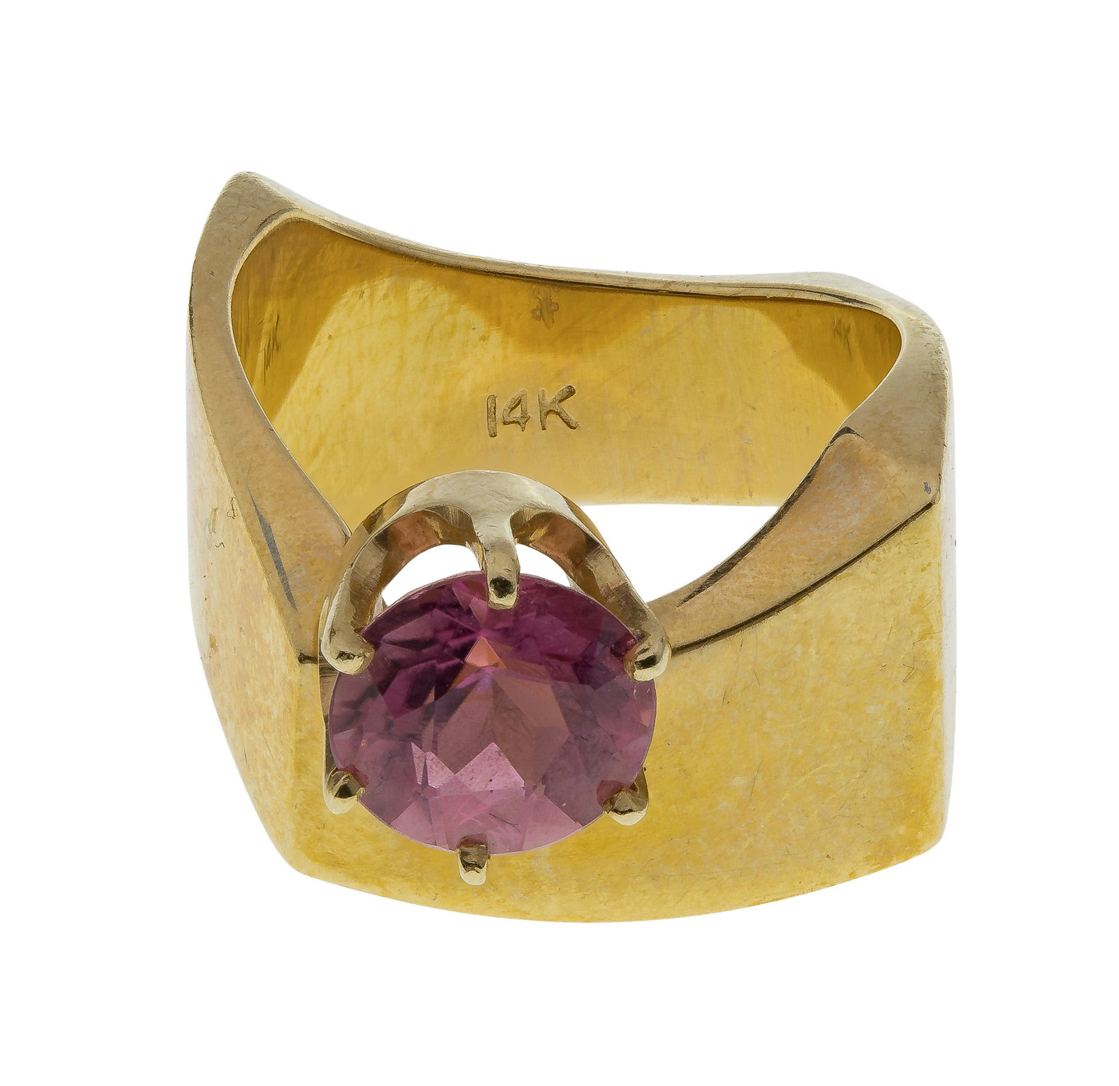 14k Yellow Gold and Pink Tourmaline Ring: 14k Yellow Gold and Pink Tourmaline Ring Having a round cut pink tourmaline in a modern setting (marked '14k') Property from: a Private Collector, Westmont, Illinois Size: 4.75 Weight: 14k gold: 7.87