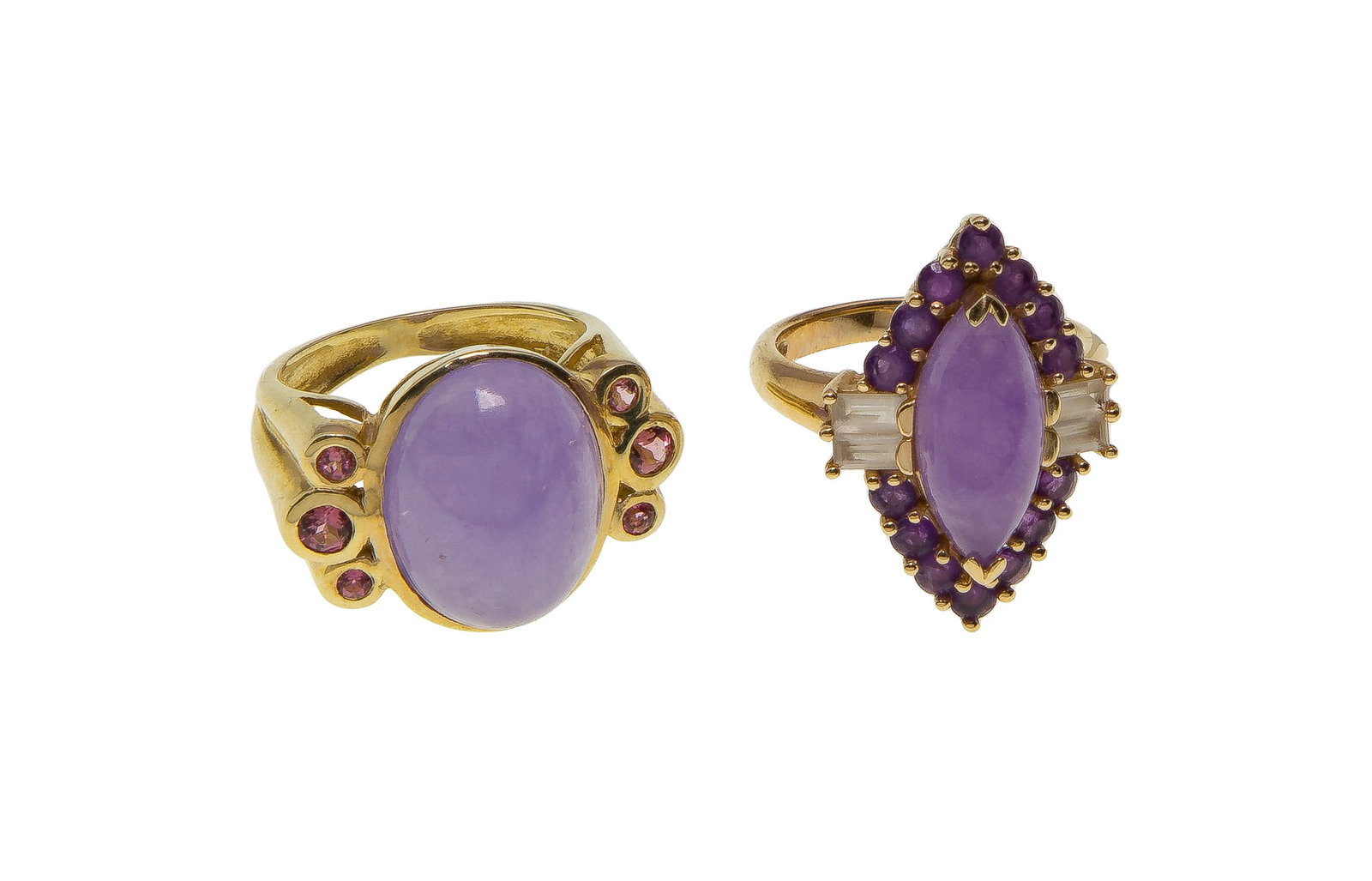14k Yellow Gold and Lavender Jade Rings: 14k Yellow Gold and Lavender Jade Rings (2) items including an oval cut and a marquise cut, both having gemstone adornments (both marked '14k') Property from: a Private Collector, Westmont, Illinois