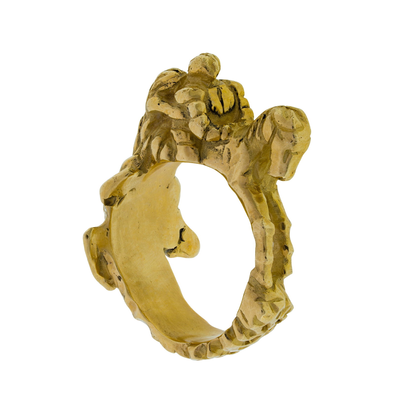 14k Yellow Gold Ring: 14k Yellow Gold Ring In the form of an armored knight on horseback, a woman clinging behind, hair and robe trailing, textured band (unmarked 14k) Property from: a Private Collector, Westmont, Illinois