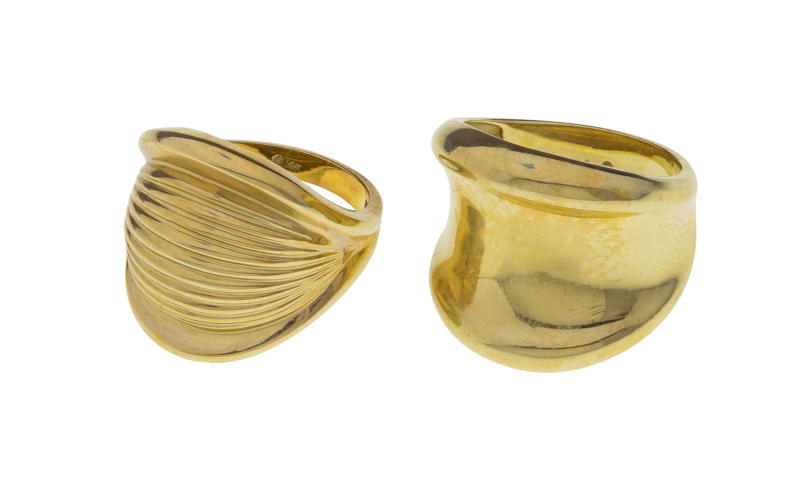14k Yellow Gold Rings: 14k Yellow Gold Rings (2) items including a striped dome and a concave (both marked '14k') Property from: a Private Collector, Westmont, Illinois Size: 5 (domed), 6 (concave) Weight: 14k gold: 7.63