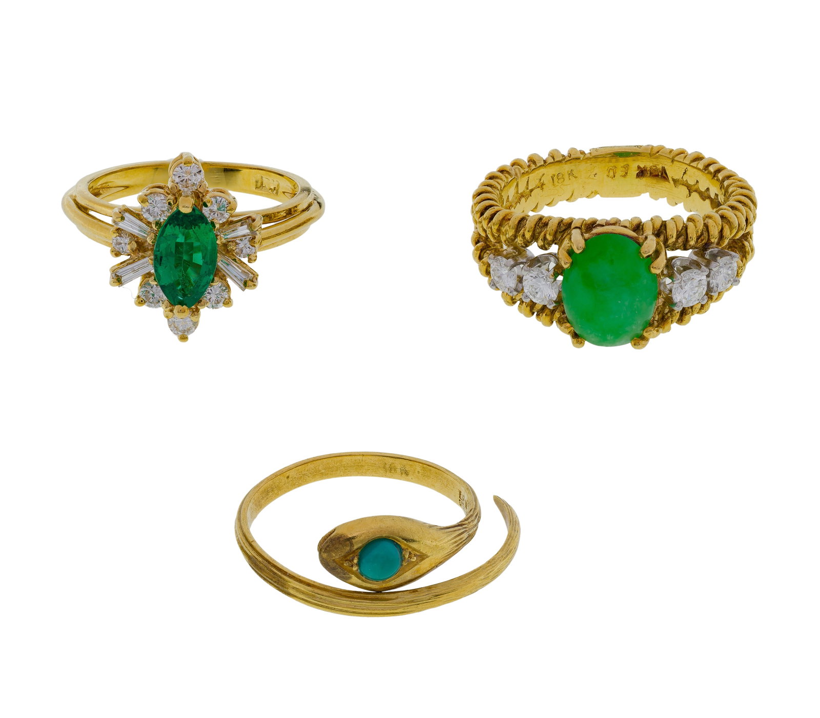 18k Yellow Gold and Gemstone Ring Assortment: 18k Yellow Gold and Gemstone Ring Assortment (3) items including a pear cut emerald surrounded by round cut diamonds, a cocktail style oval cut jadeite jade cabochon flanked by two round cut diamonds