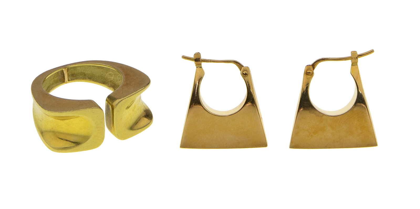 18k Yellow Gold Jewelry Assortment: 18k Yellow Gold Jewelry Assortment (2) items including a ring having a gap at top and a pair of pierced earrings (all marked '18k') Property from: a Private Collector, Westmont, Illinois Length: 3/4