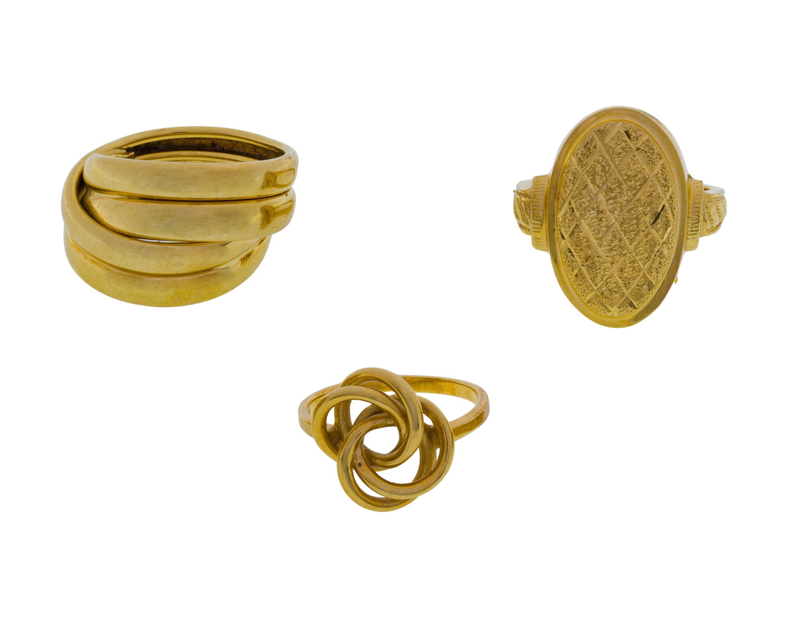 18k Yellow Gold Ring Assortment: 18k Yellow Gold Ring Assortment (3) items including a knot, a multi-band style crossover and a woven front (all marked '18k') Property from: a Private Collector, Westmont, Illinois Size: 5.75 (knot),