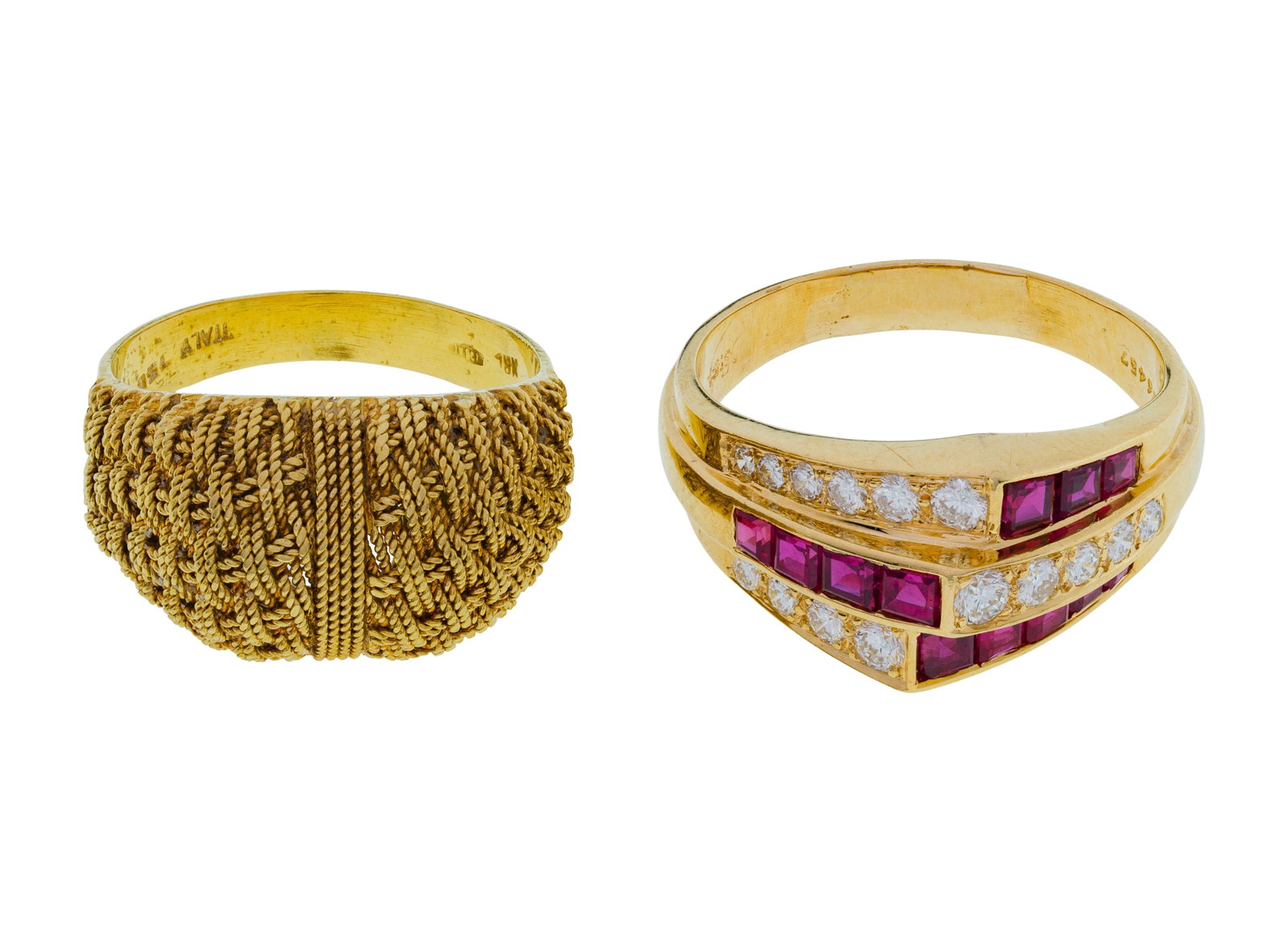 18k Yellow Gold Rings: 18k Yellow Gold Rings (2) items including a dome style having basket weave design and a round cut diamond and channel set baguette cut ruby band Property from: an Estate, Wilmette, Illinois Size: 7