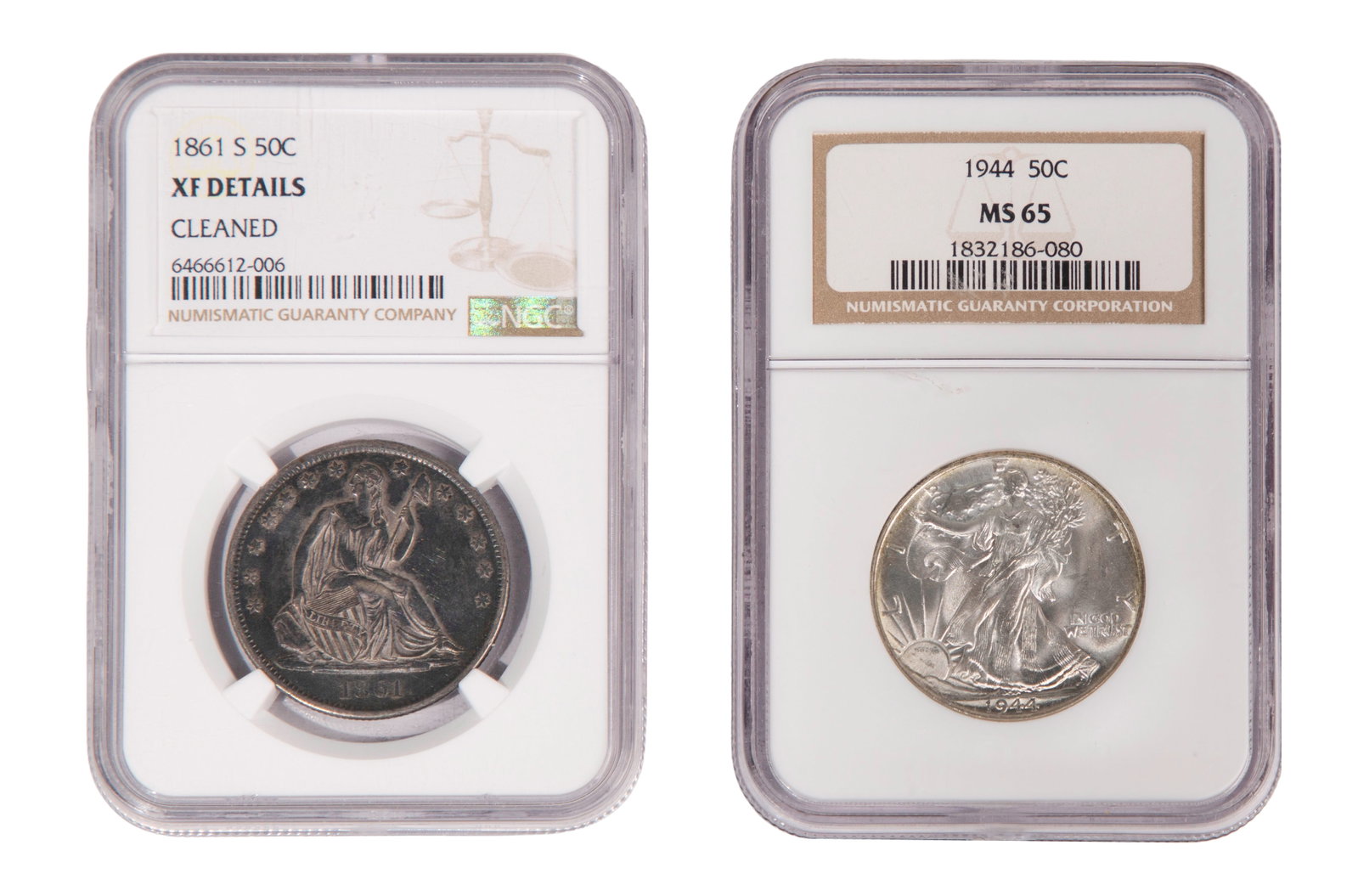 Seated and Walking Liberty 50c Coins NGC: Seated and Walking Liberty 50c Coins NGC (2) items including an 1861-S 50c XF Details (cleaned) and a 1944 50c MS-65 Property from: a Private Collector, Wheaton, Illinois Category: Half Dollars >