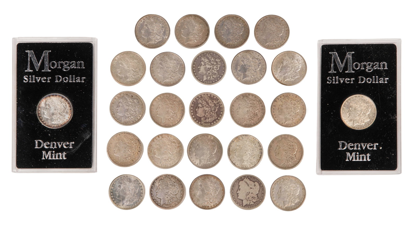 Morgan $1 Assortment: Morgan $1 Assortment $26.00 face value US 90% silver from 1882-S, 1883, 1886, 1887, (2) 1889, (3) 1890, 1891, 1891-O, 1892-S, (2) 1899-O, 1900-O, 1901-O, (4) 1921, (5) 1921-D and 1921-S Property