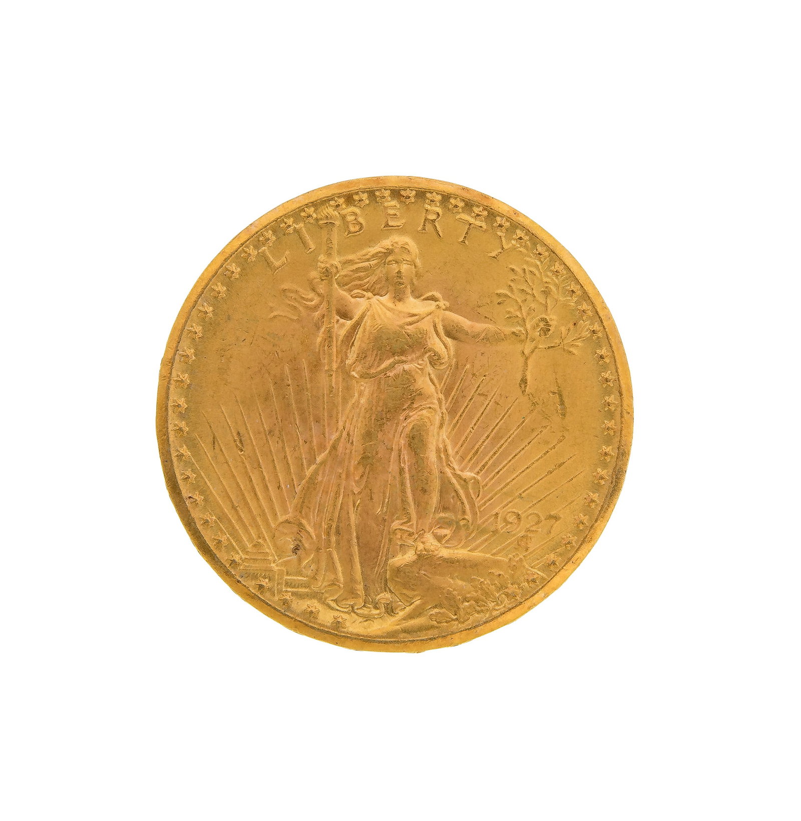 1927 $20 Saint Gaudens Double Eagle Gold Coin: 1927 $20 Saint Gaudens Double Eagle Gold Coin Ex-jewelry Property from: a Private Collector, Westmont, Illinois Weight: 22k gold: 26.36 dwts. Category: US Gold > $20 Gold Estimated Sale Time: 3:18 pm