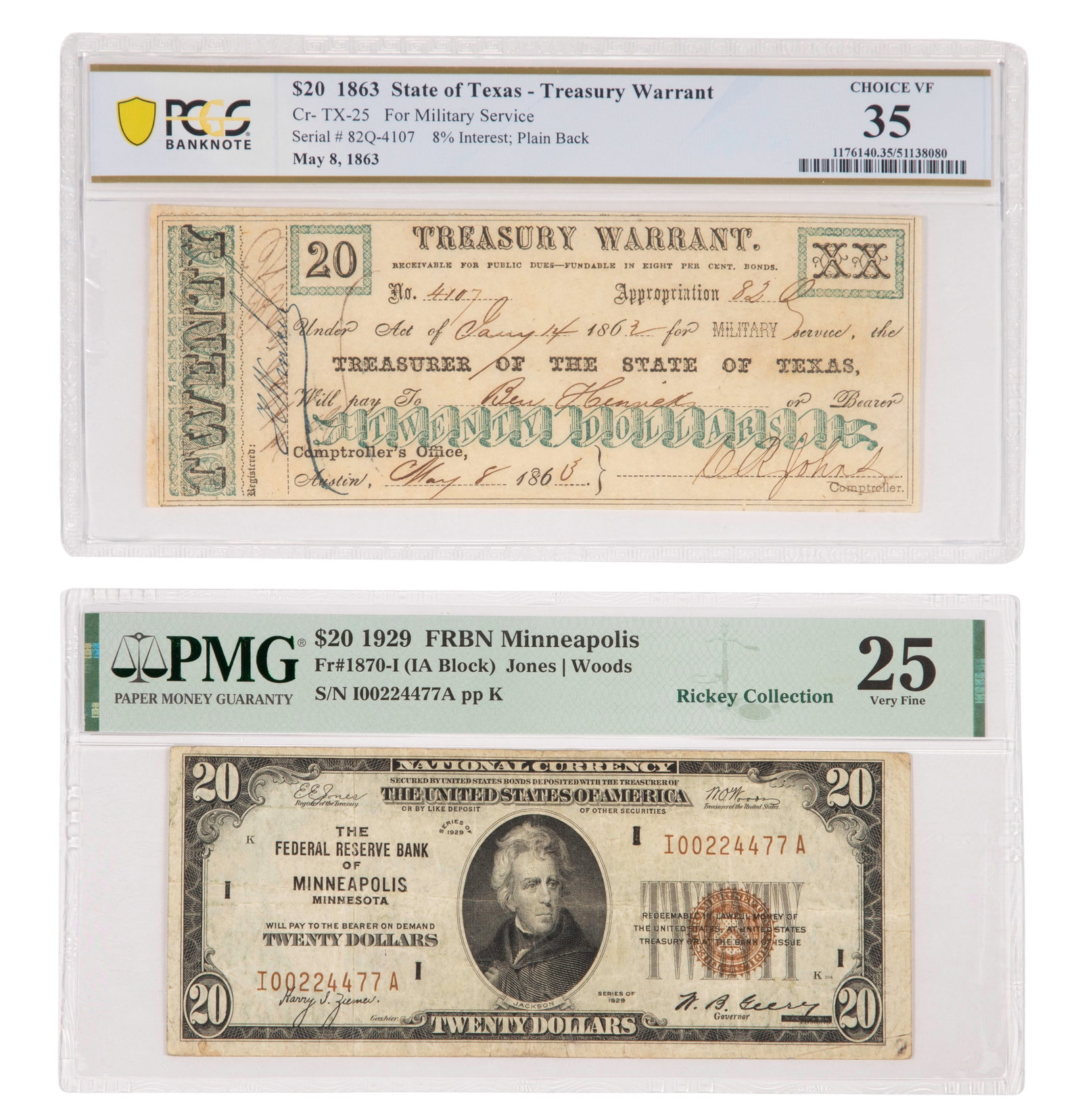 Certified Notes: Certified Notes (2) items including 1863 $20 State of Texas - Treasury Warrant Cr- TX-25 for military service CVF-35 PCGS and 1929 $20 FRBN Minneapolis Fr#1870-1 (IA Block) Jones | Woods (Rickey
