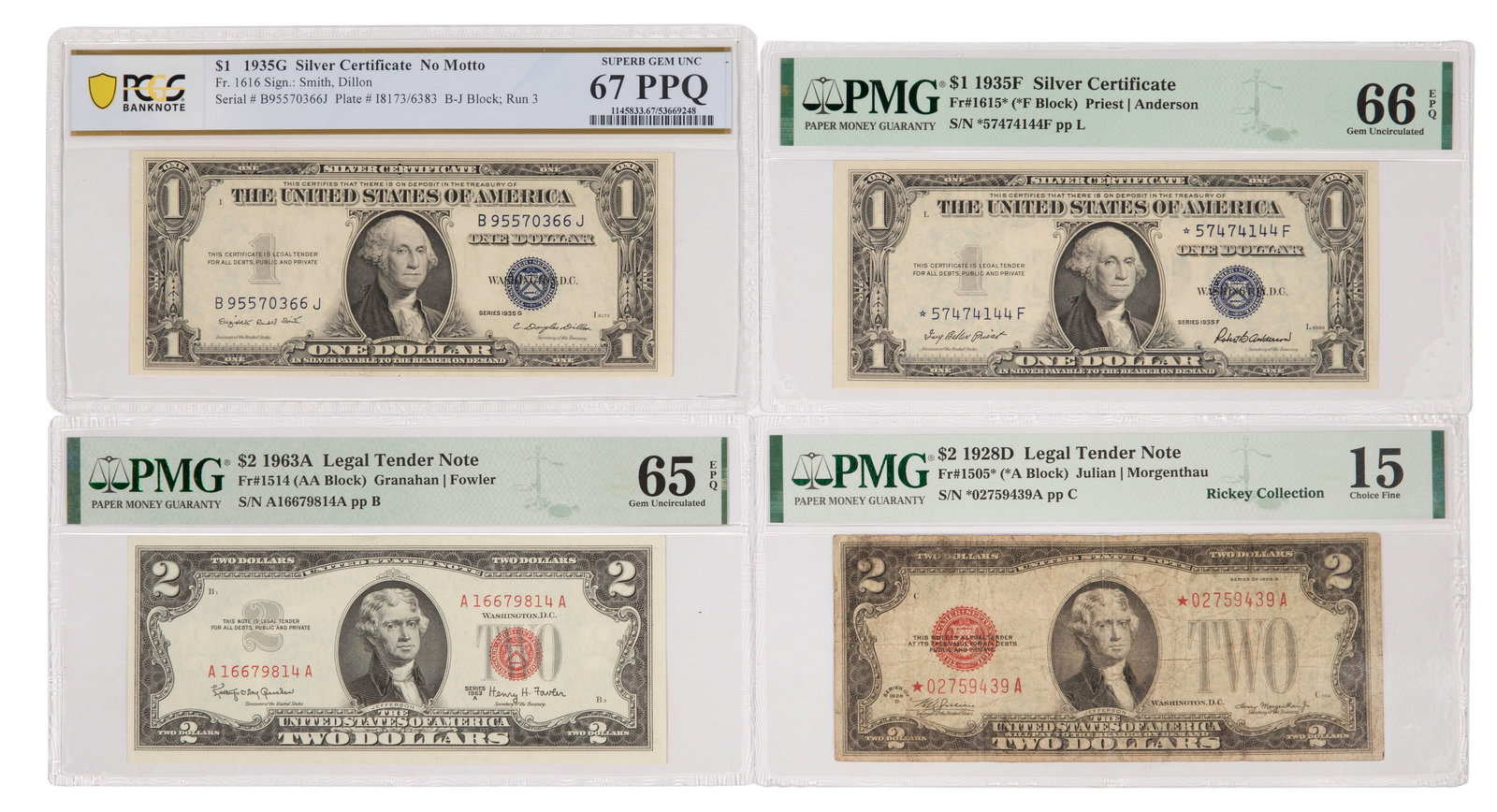 Certified Note Assortment: Certified Note Assortment (4) notes including 1935-F $1 Silver certificate PMG, 1935-G $1 Silver certificate (no motto) PCGS, 1928-D $2 note PMG and 1963-A $2 note PMG Property from: a Private