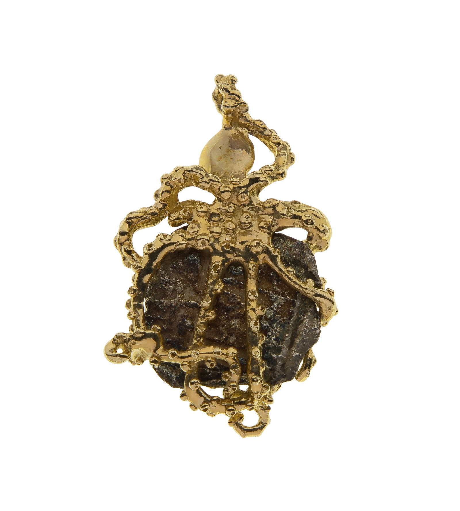 Spain: Atocha Coin in 14k Yellow Gold Octopus Mounting: Spain: Atocha Coin in 14k Yellow Gold Octopus Mounting Including the bill of sales from 1997, 18.68 grams total weight of coin and mounting Property from: a Private Collector, Westmont, Illinois