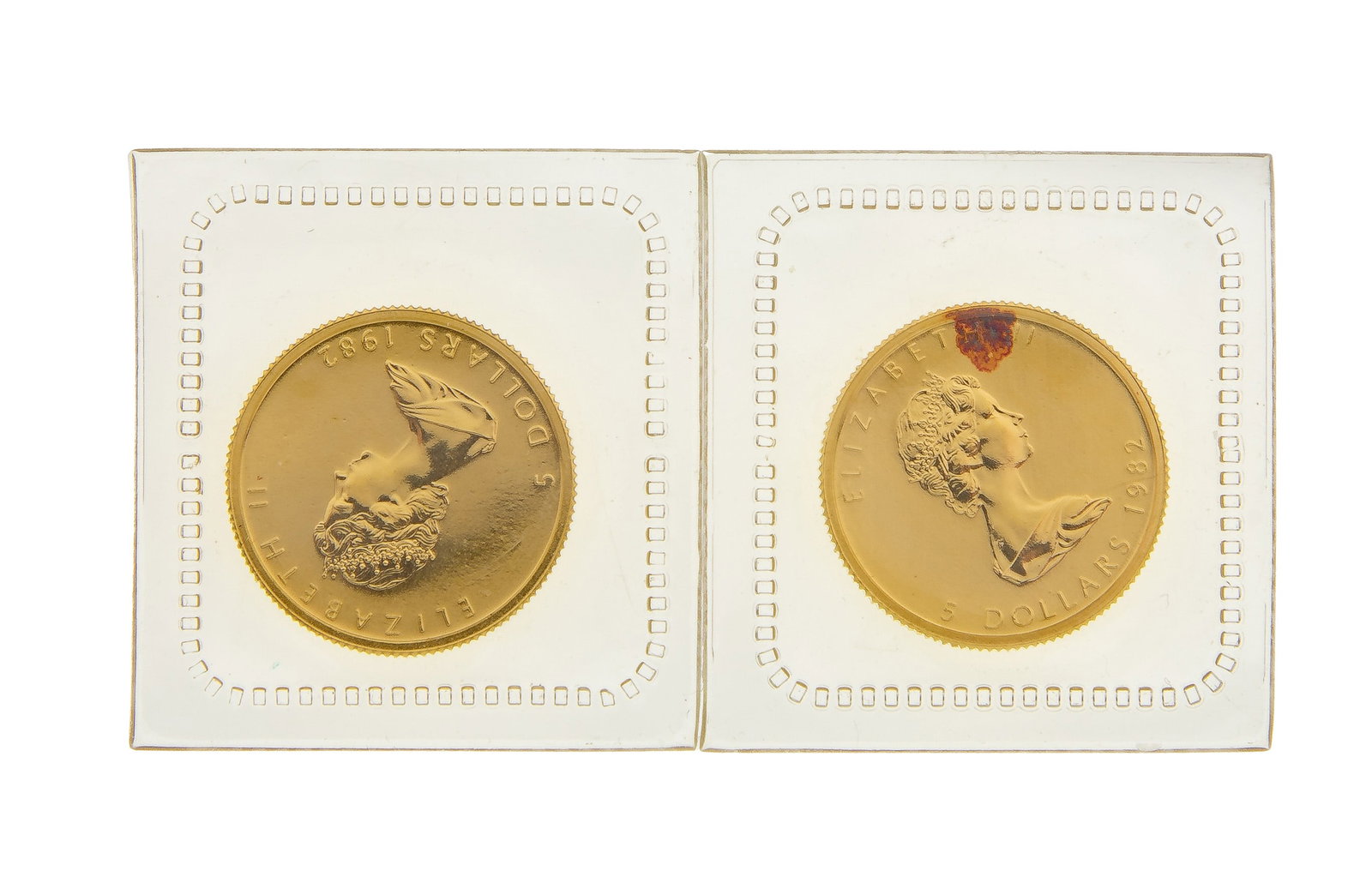 Canada: 1982 $5 Maple Leaf Gold Coins: Canada: 1982 $5 Maple Leaf Gold Coins (2) coins Property from: an Estate, Wilmette, Illinois Category: World Coins & Currency > World Coins Estimated Sale Time: 3:31 pm CST Shipping Status: Shipping