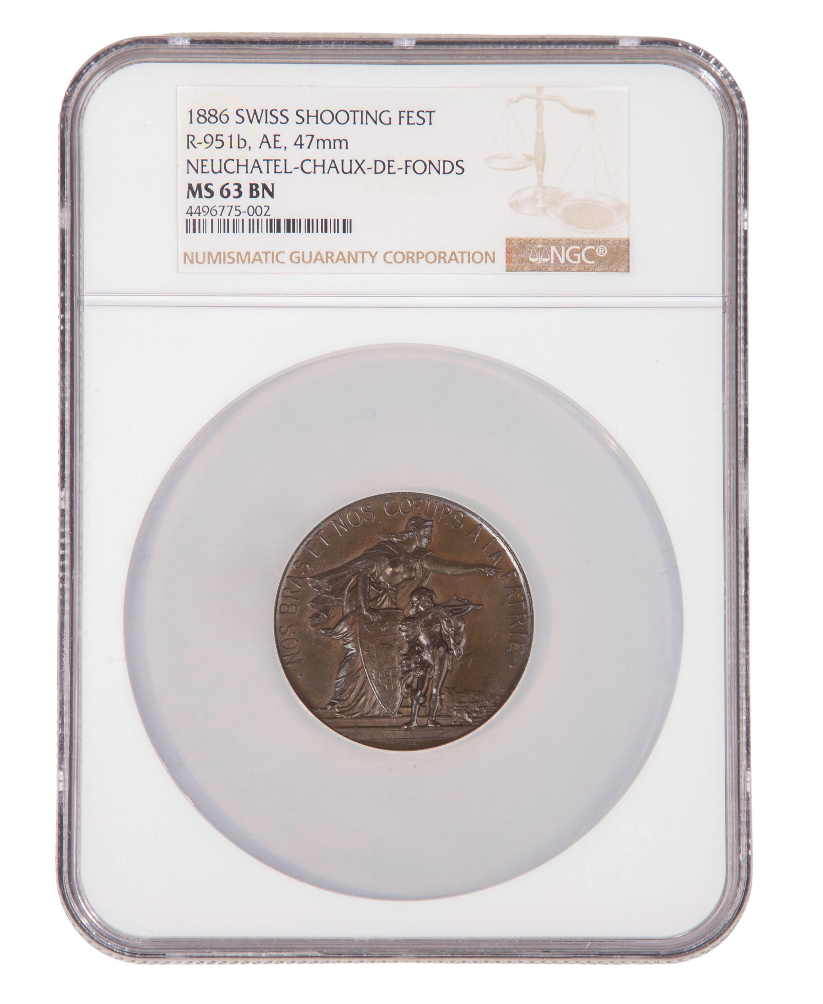 Switzerland: 1886 Swiss Shooting Fest MS-63 BN NGC: Switzerland: 1886 Swiss Shooting Fest MS-63 BN NGC R-951b. AE. 47mm Neuchatel-Chaux-de-Fonds, certification #4496775-002, oversized slab Property from: a Private Collector, Wheaton, Illinois