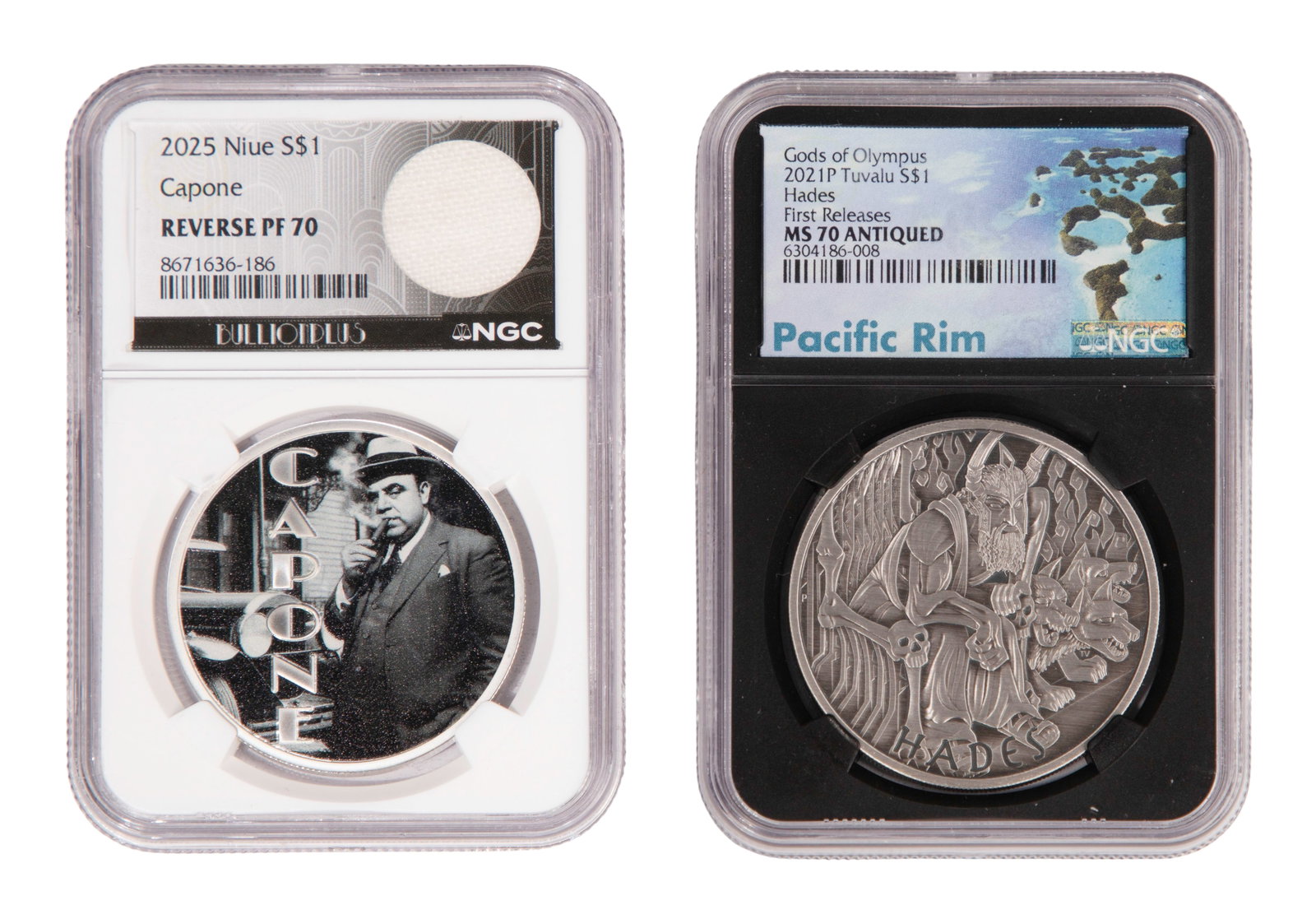 Certified $1 Fine Silver (.999) Tokens NGC: Certified $1 Fine Silver (.999) Tokens NGC (2) items including 2021 $1 Tuvalu Gods of Olympus First Releases MS-70 Antiqued and 2025 $1 Niue Capone PF70 Property from: a Private Collector, Wheaton,